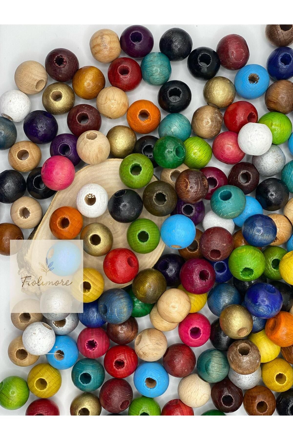 Fiolimore 18 mm Karışık Renkli Ahşap Boncuk (50 Gram 25 Adet) Dar Delik Çapı 5 mm Yuvarlak Makrome Tahta