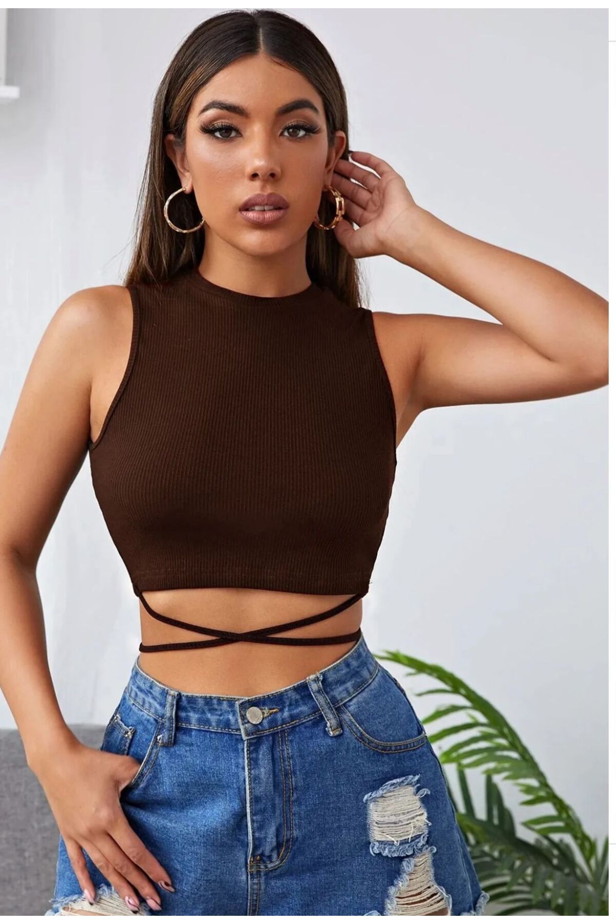 ARONA kadın kahverengi çapraz bağlamalı crop bluz
