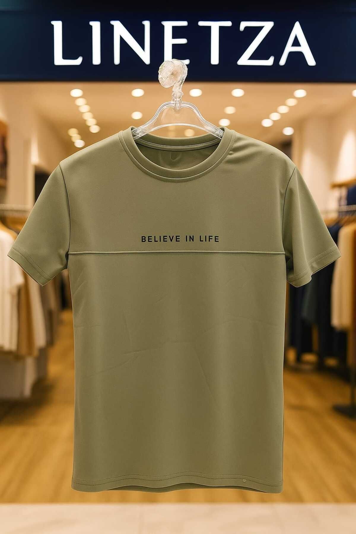 LİNETZA ERKEK OVERSİZE AÇIK HAKİ BİSİKLET YAKA TSHIRT