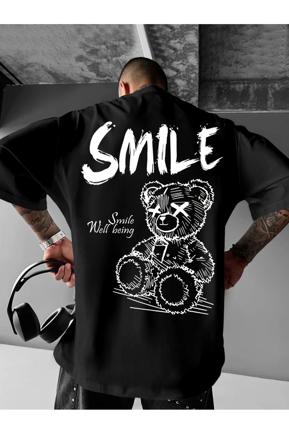LAND MODA Erkekler için Parlak Sarı "SMILE" Grafik T-Shirt - Sokak Stili, Bol Kesim, Rahat Yuvarlak Yaka