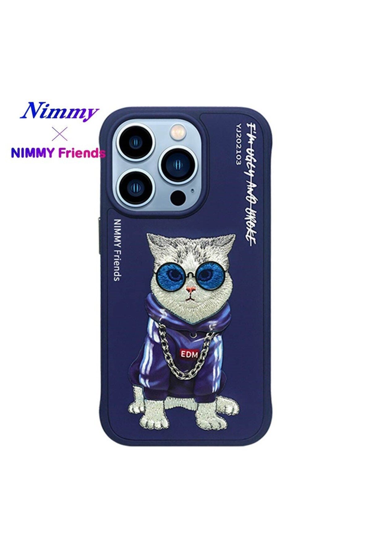 Nimmy iPhone 15 Pro Max Uyumlu 3D Gözlük Zincir Handsome Kedi Nakış İşlemeli Kabartmalı Cool Glasses Kılıf