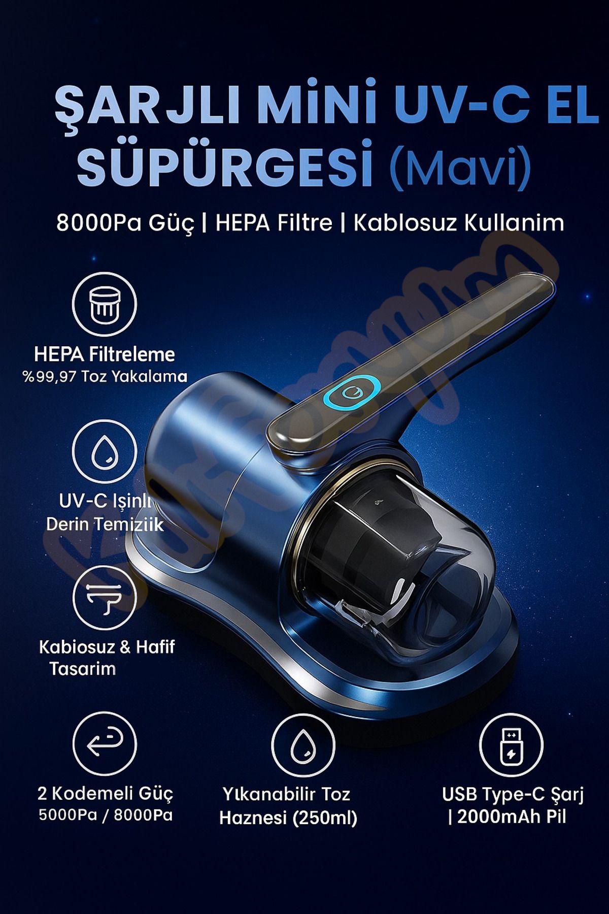 Kılıforyum El Süpürgesi Şarjlı Mini UV-C Işınlı – HEPA Filtreli, Kablosuz, 8000Pa Güç Yeni Nesil