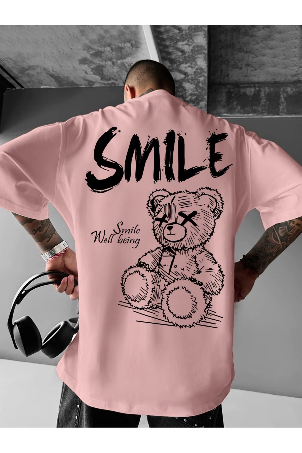 LAND MODA Erkekler için Parlak Sarı "SMILE" Grafik T-Shirt - Sokak Stili, Bol Kesim, Rahat Yuvarlak Yaka