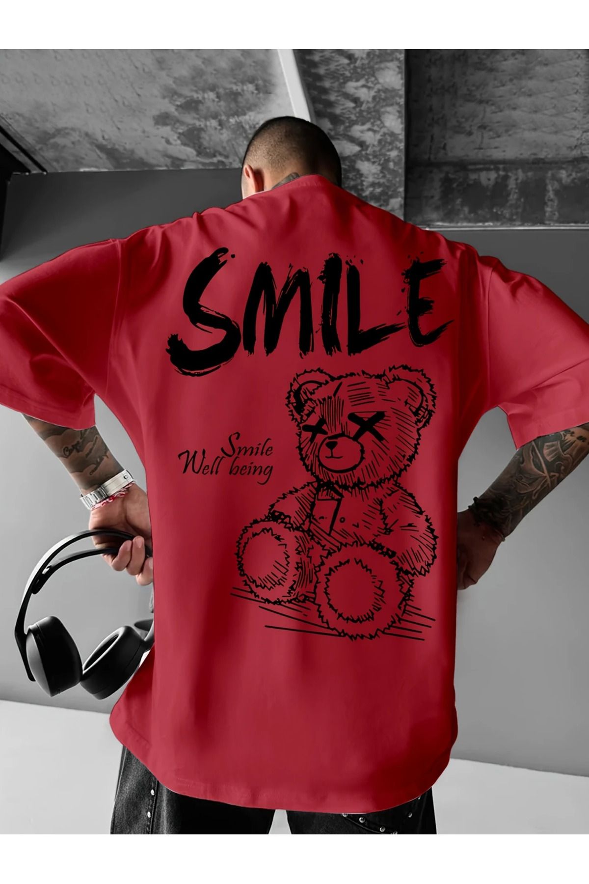LAND MODA Erkekler için Parlak Sarı "SMILE" Grafik T-Shirt - Sokak Stili, Bol Kesim, Rahat Yuvarlak Yaka