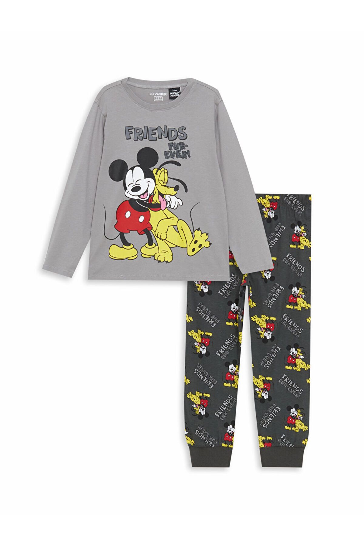 LC Waikiki LCW Kids Gri Bisiklet Yaka Mickey Mouse Baskılı Erkek Çocuk Pijama Takımı