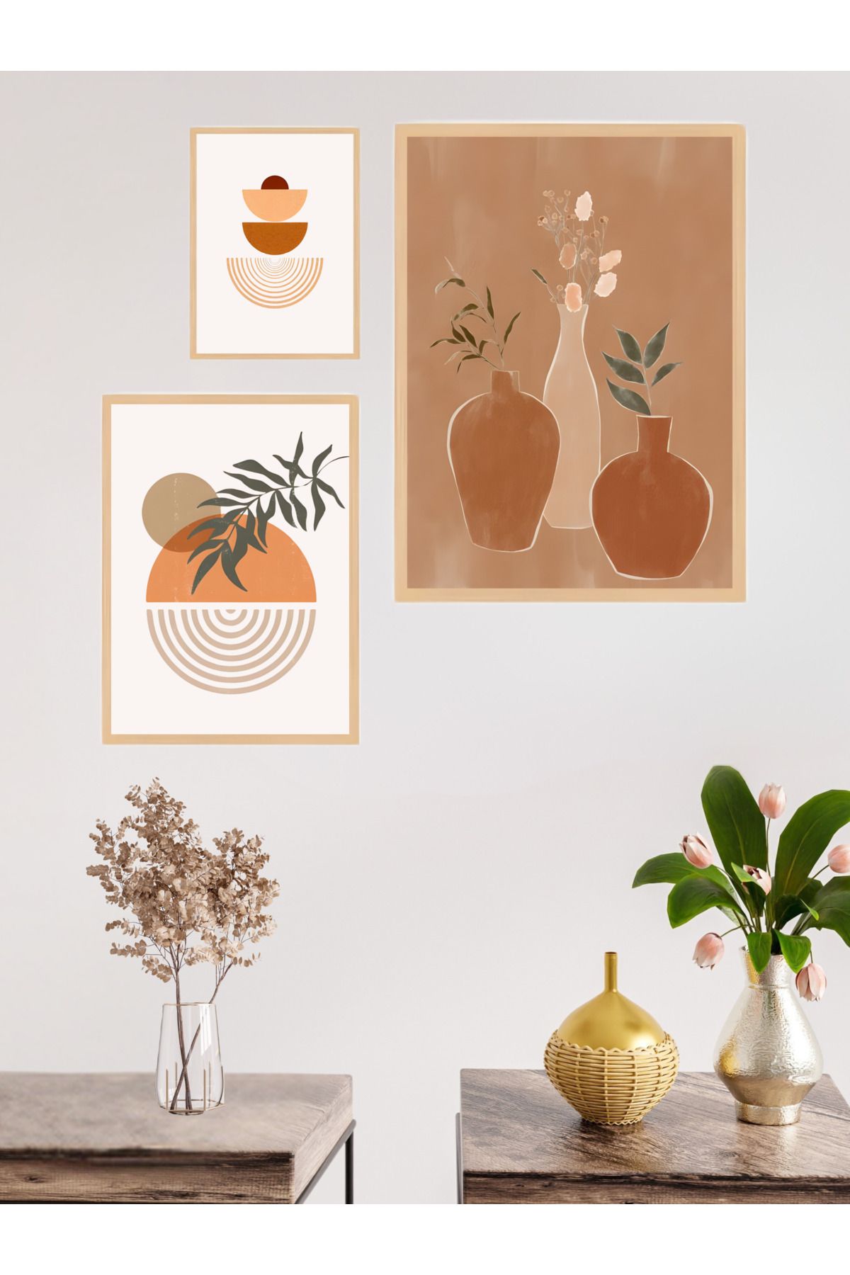 woodhomeworks 3'lü Set Doğal Ahşap Çerçeveli Tablo Seti Qkyr51