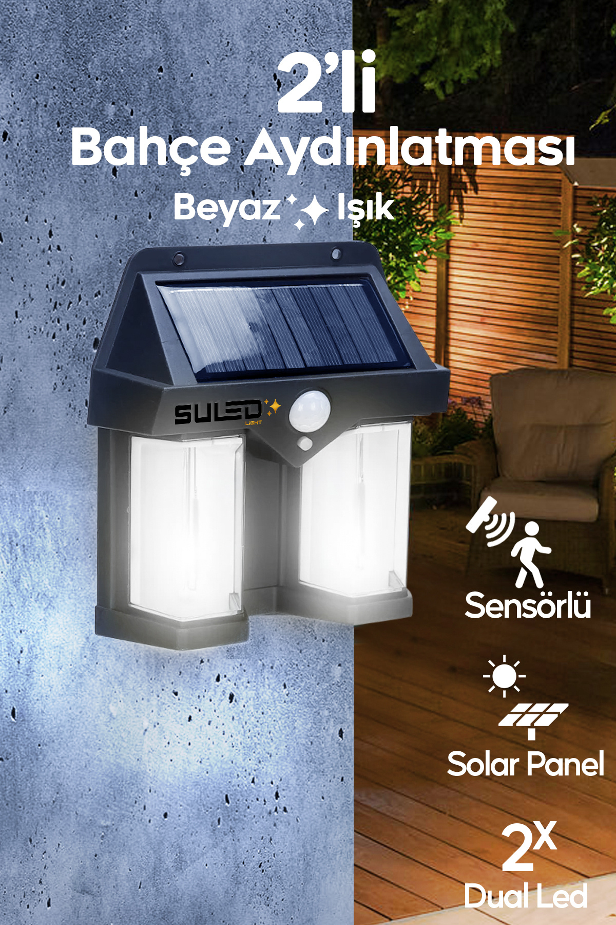 SULED Sensörlü Solar Panelli Beyaz Led Işık 3 Modlu Pilli Otomatik Bahçe Aydınlatması Duvar Led Işık