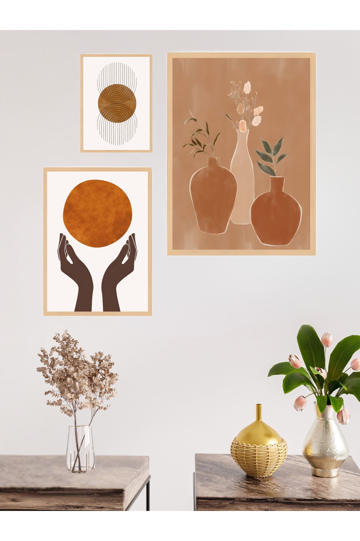 woodhomeworks 3'lü Set Doğal Ahşap Çerçeveli Tablo Seti Qkyr51