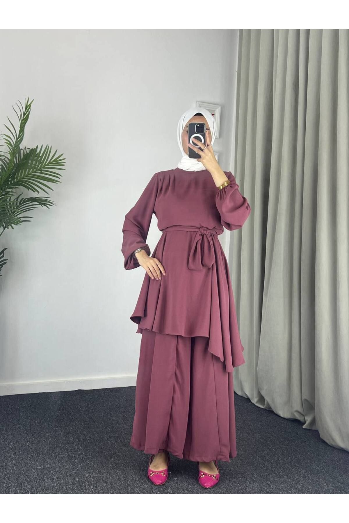 Esre Store 4523 - Bol Paça Pantolon - Tunik Takım Pembe