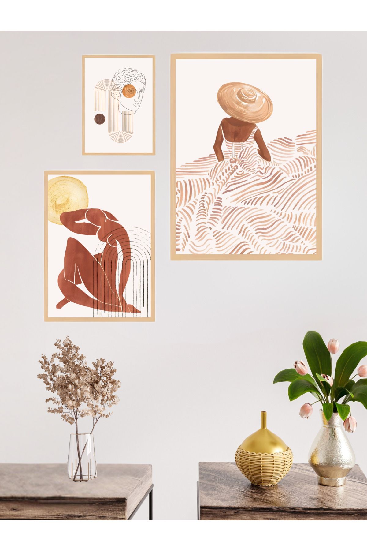 woodhomeworks 3'lü Set Doğal Ahşap Çerçeveli Tablo Seti Qkyr51