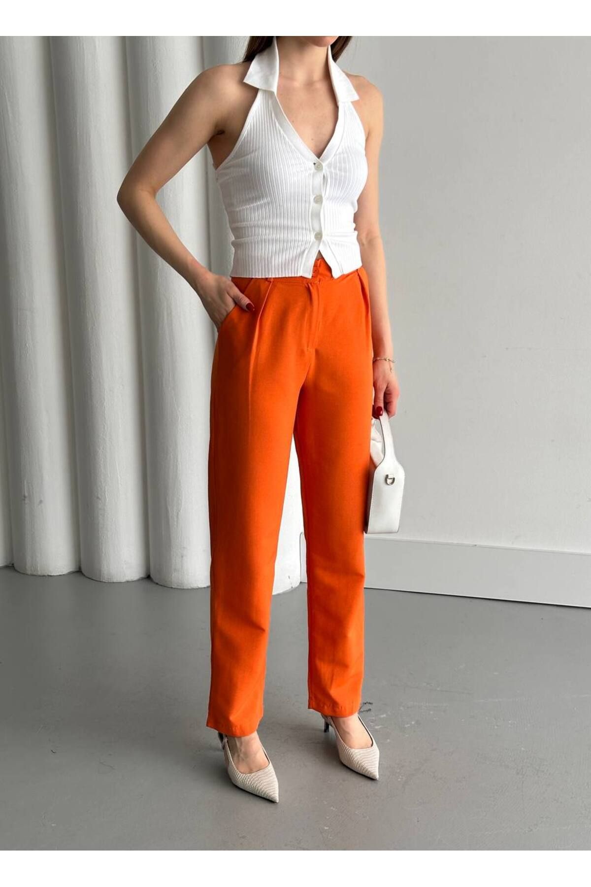 Bellanca Fermuarlı Orange Keten Pantolon