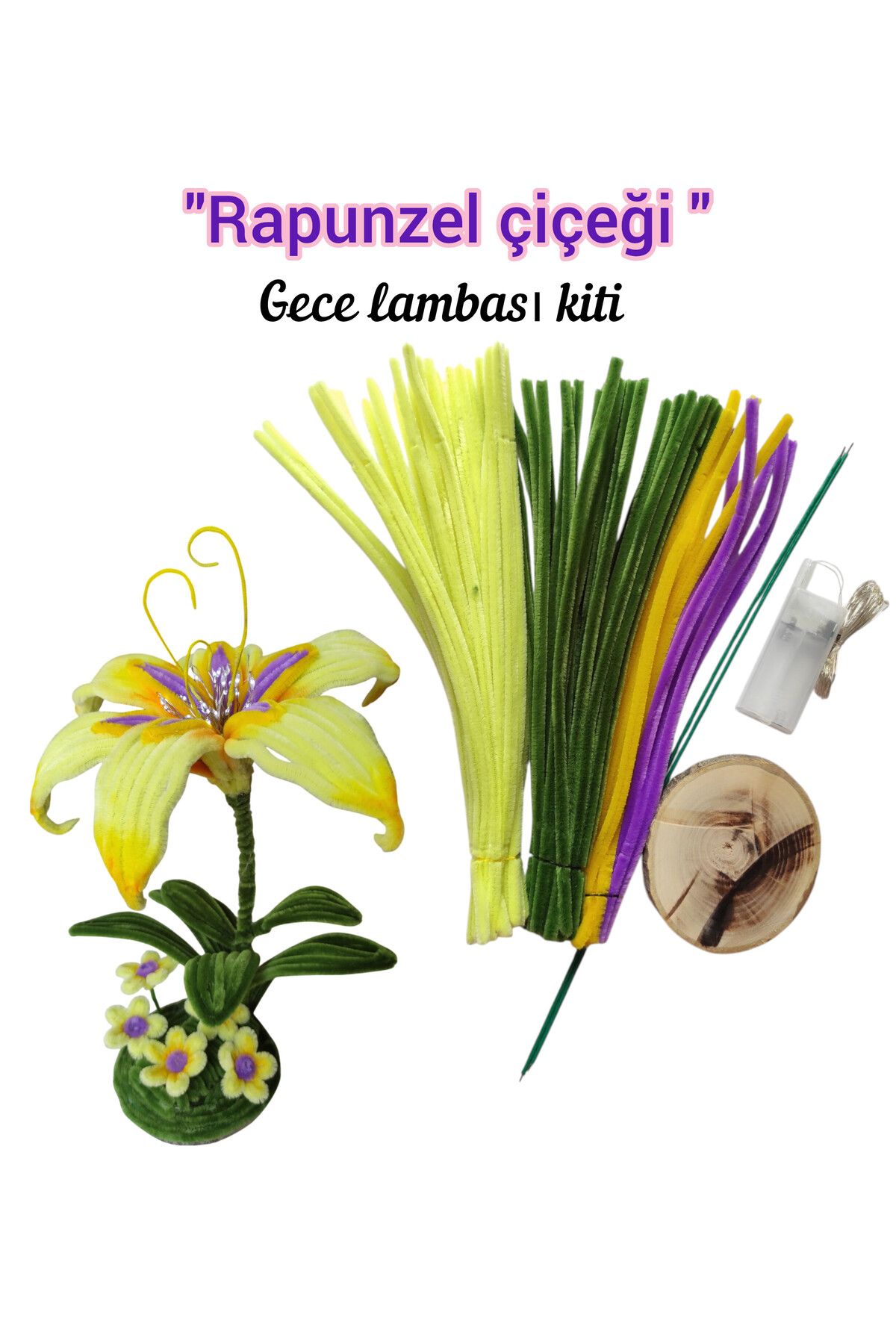 Butik Heryer.ciceklenir "Rapunzel Çiçeği " Gece lambası Kit Seti, Tel Şönilden Tüylü Şönil Seti
