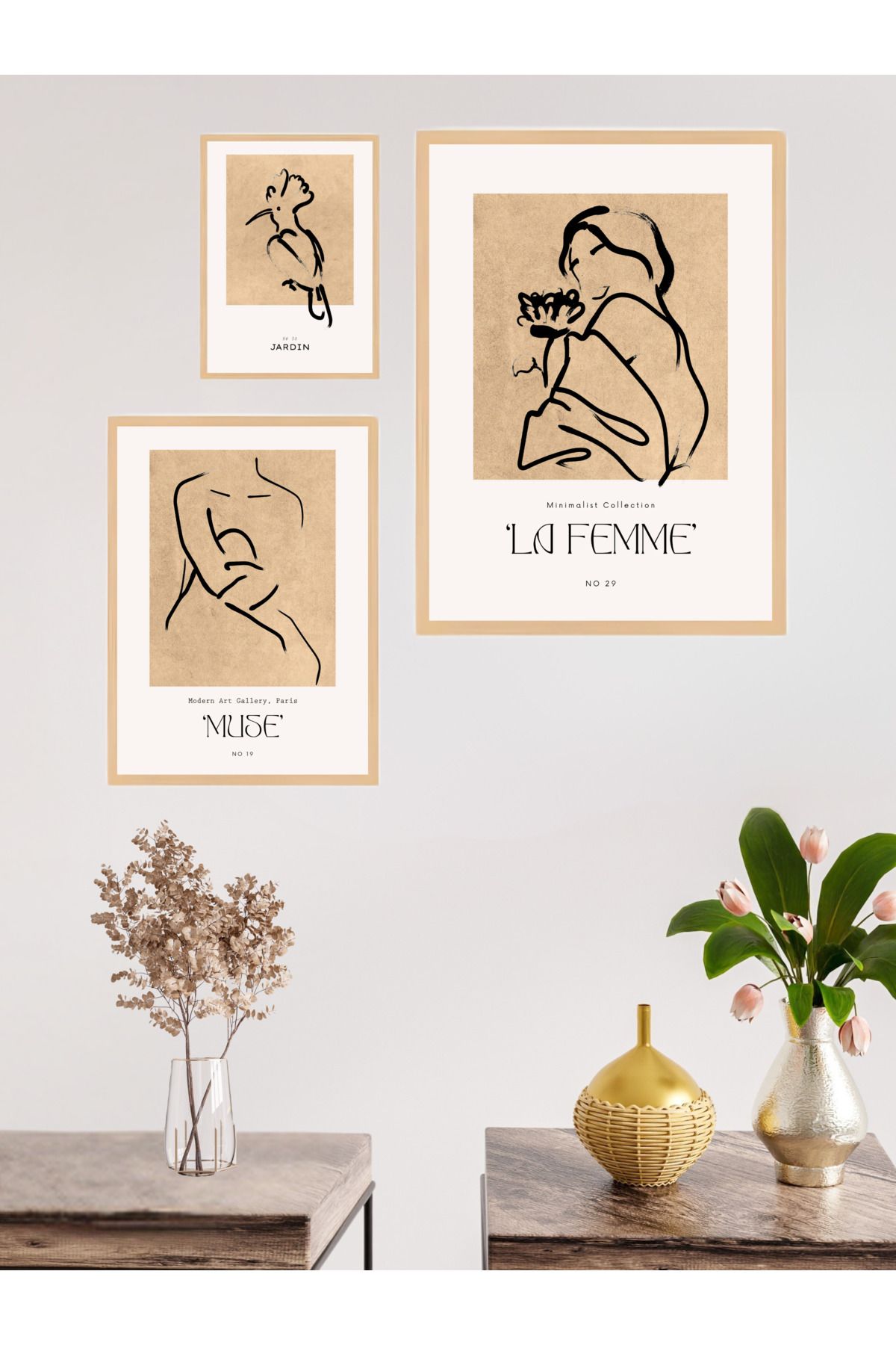 woodhomeworks 3'lü Set Doğal Ahşap Çerçeveli Tablo Seti Qkyr51