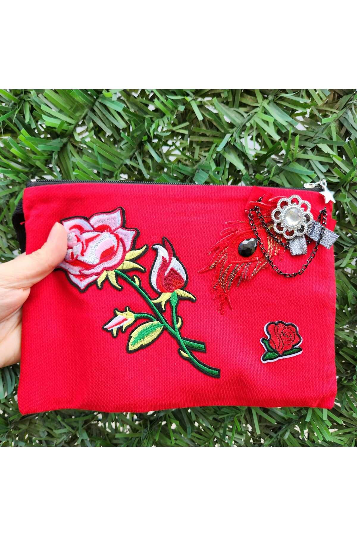 vengri Kadın Özel Tasarım Astarlı Clutch Bez Nakış ve Armalı Portföy El Makyaj Plaj Çantası Kırmızı Gül