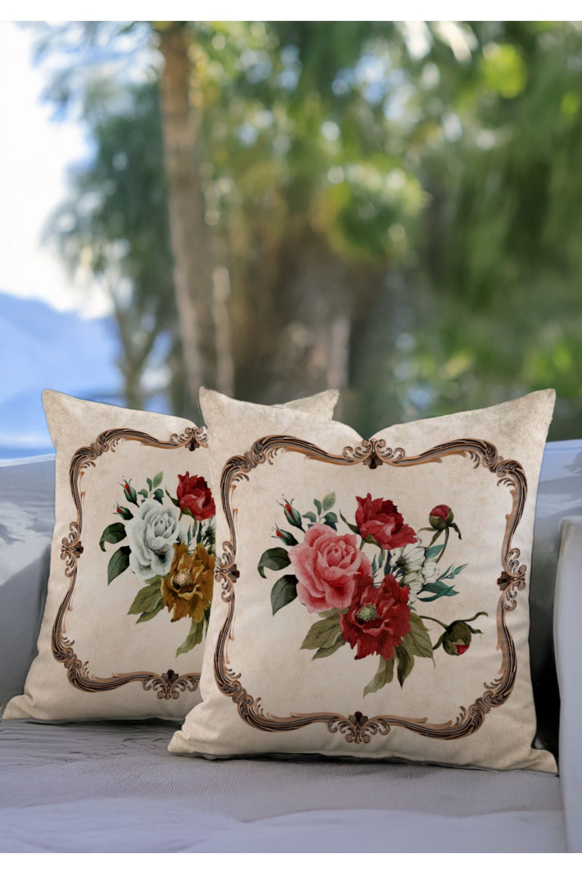 Pillow Home Gül Desenli Kırmızı Renk Suluboya Dijital Baskılı Dekoratif 2li Kırlent Kılıfı Seti