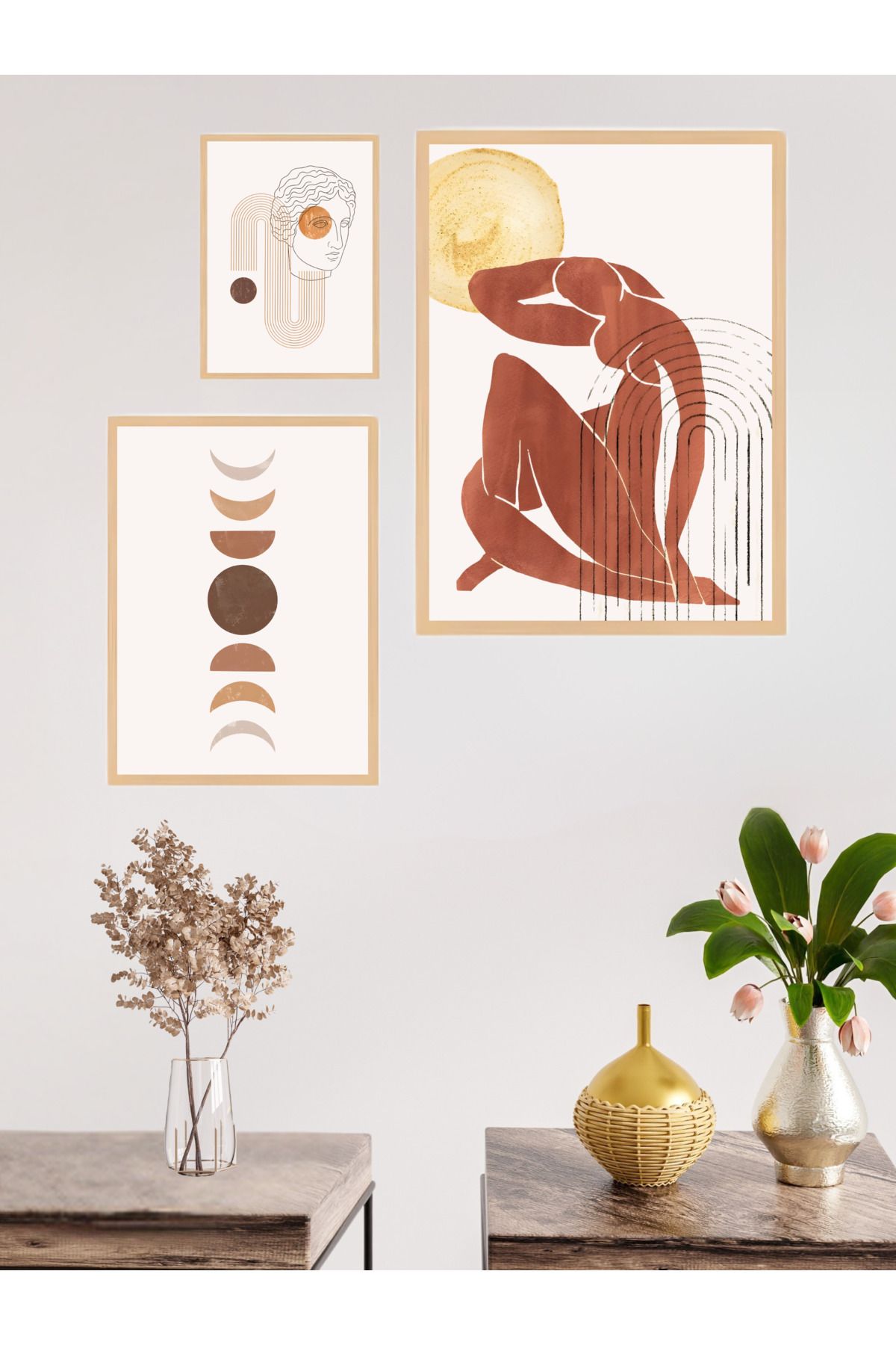 woodhomeworks 3'lü Set Doğal Ahşap Çerçeveli Tablo Seti Qkyr51