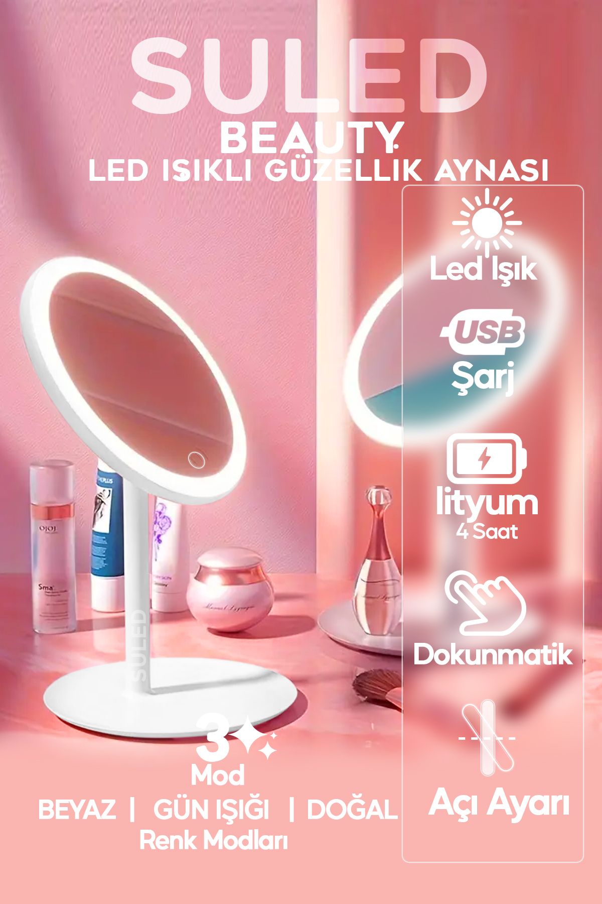 SULED Beyaz Makyaj Aynası 3 Modlu Led Işıklı USB Şarjlı Yuvarlak Taşınabilir Açı Ayarlı Güzellik Aynası