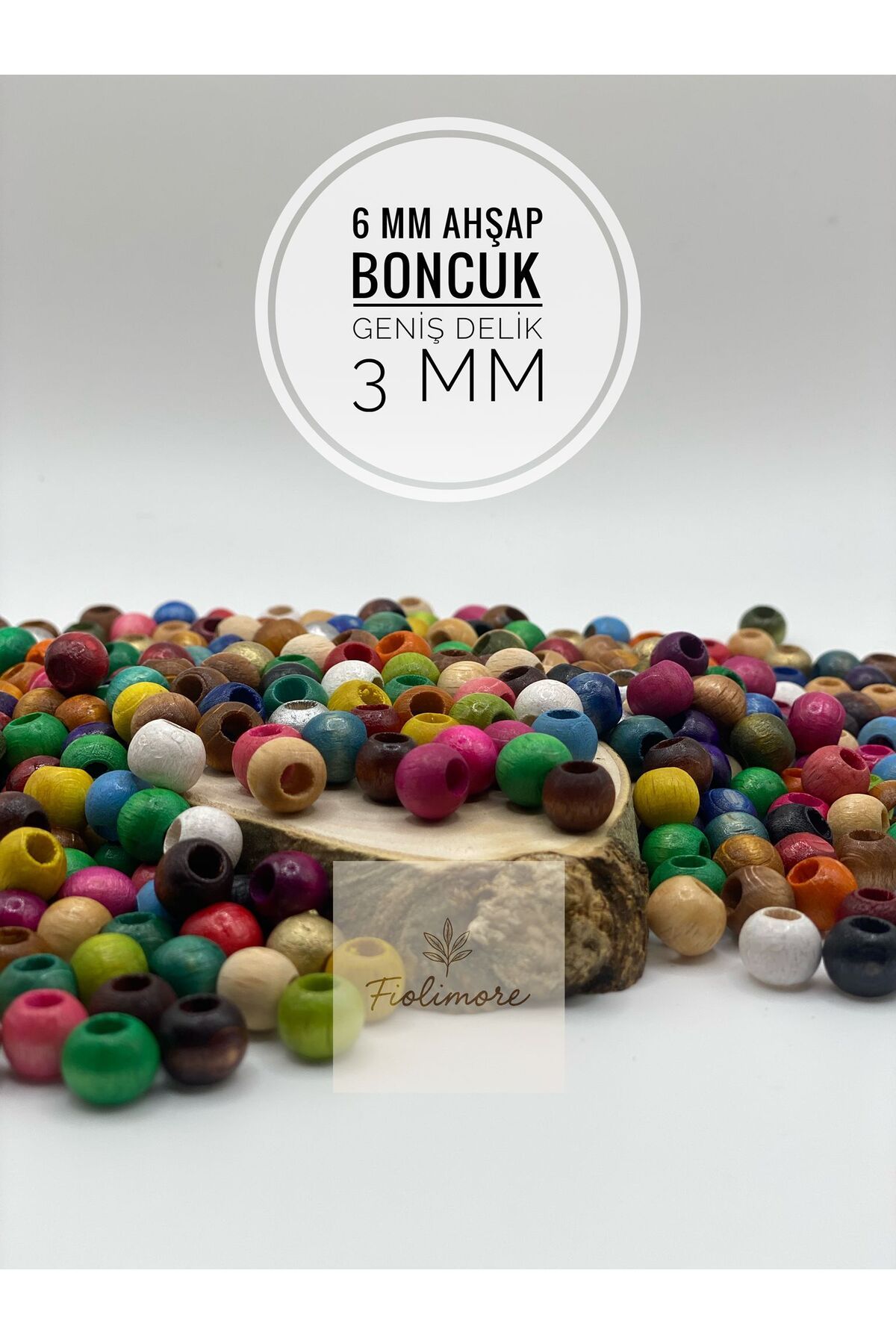 Fiolimore 6 mm Karışık Renkli Ahşap Boncuk (50 Gram 280 Adet) Geniş Delik Çapı 3 mm Yuvarlak Makrome Tahta