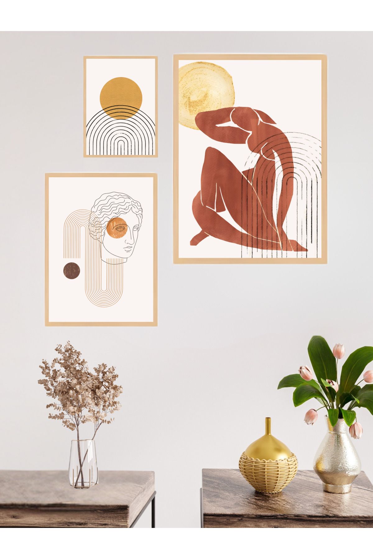 woodhomeworks 3'lü Set Doğal Ahşap Çerçeveli Tablo Seti Qkyr51