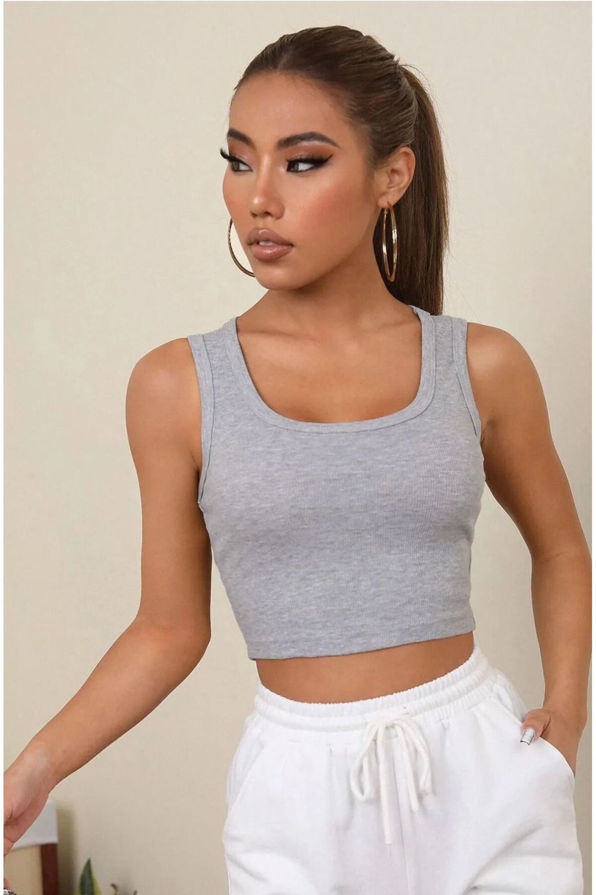 ARONA kadın gri kare yaka crop bluz