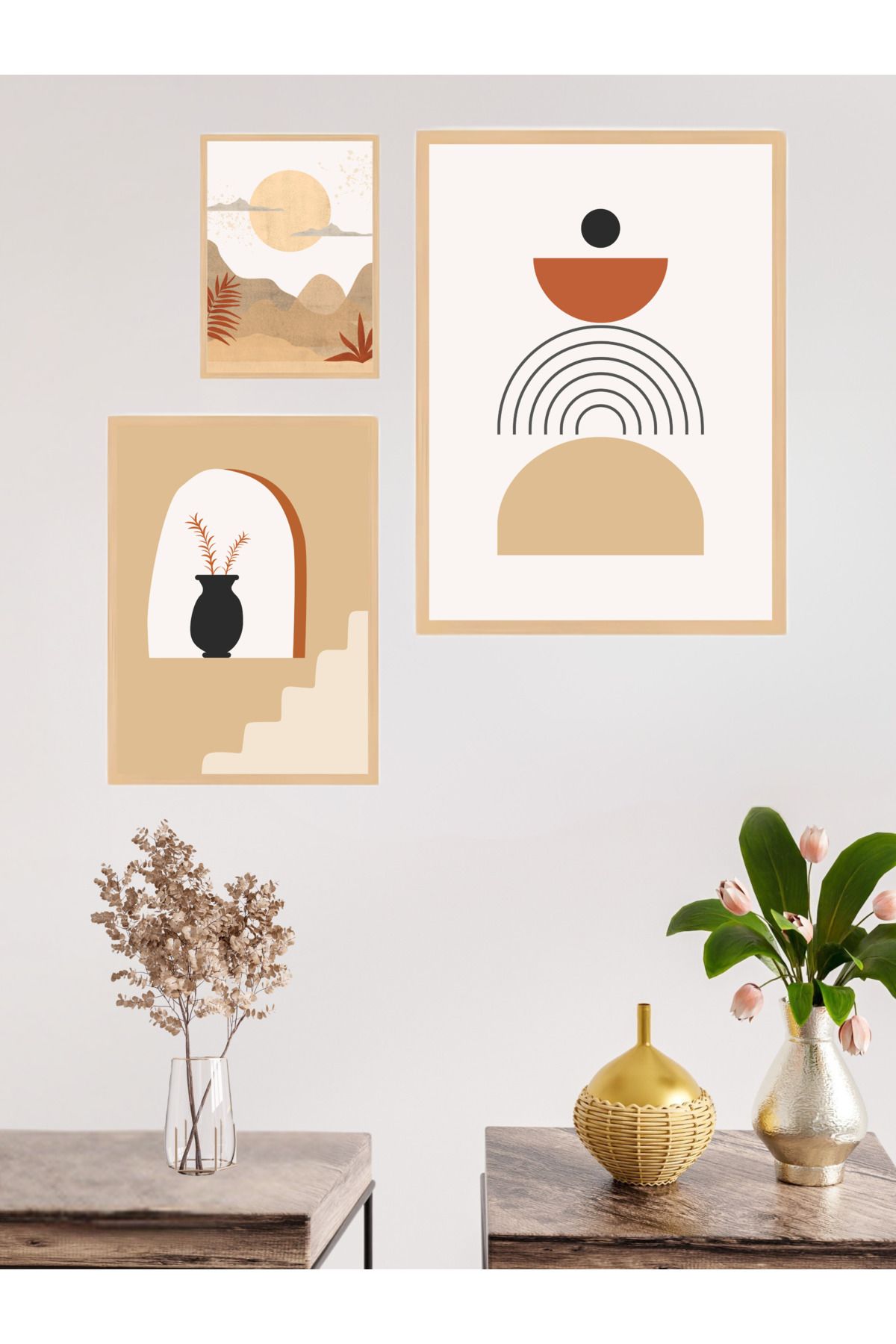 woodhomeworks 3'lü Set Doğal Ahşap Çerçeveli Tablo Seti Qkyr51