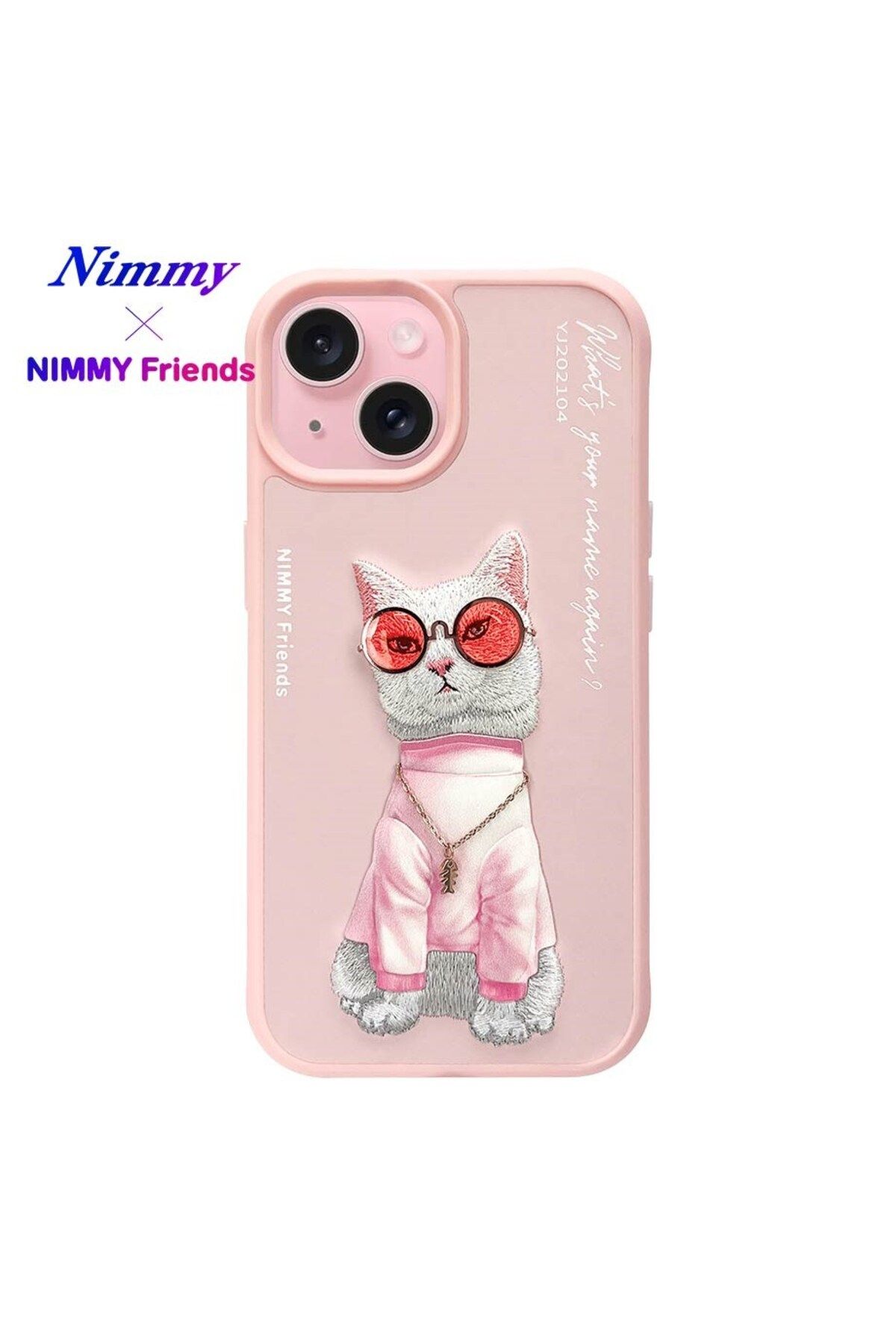 Nimmy iPhone 15 Uyumlu 3D Gözlük Zincir White Kedi Detaylı Nakış İşlemeli Kabartmalı Cool Glasses Kılıf