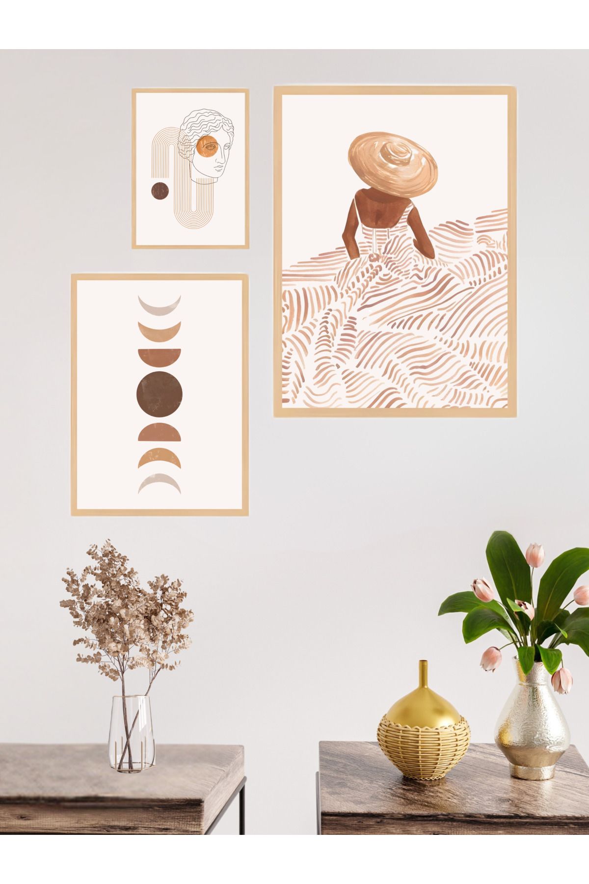 woodhomeworks 3'lü Set Doğal Ahşap Çerçeveli Tablo Seti Qkyr51