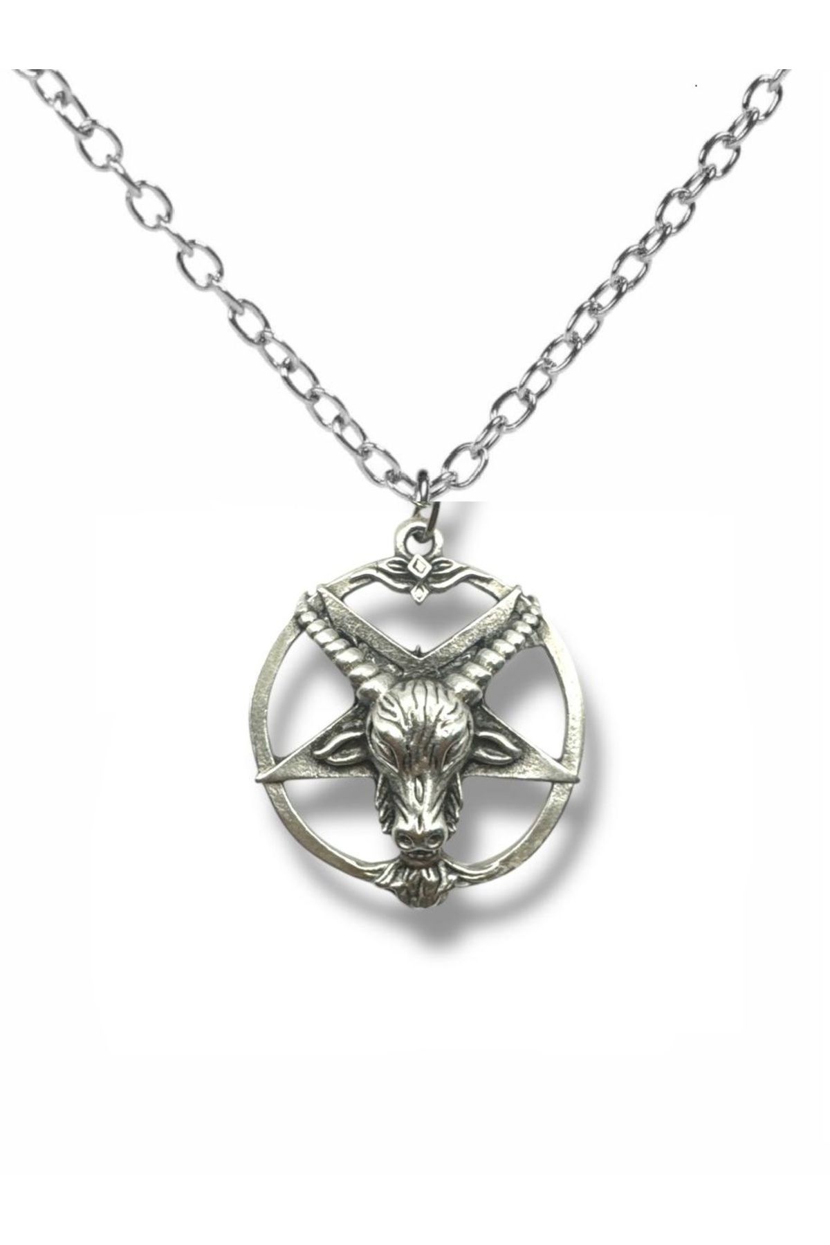 Herşey Nota Ters Pentagram ve Goat Head Figürlü Gümüş Renk Unisex Kolye – 60 cm Zincirli Gotik Takı