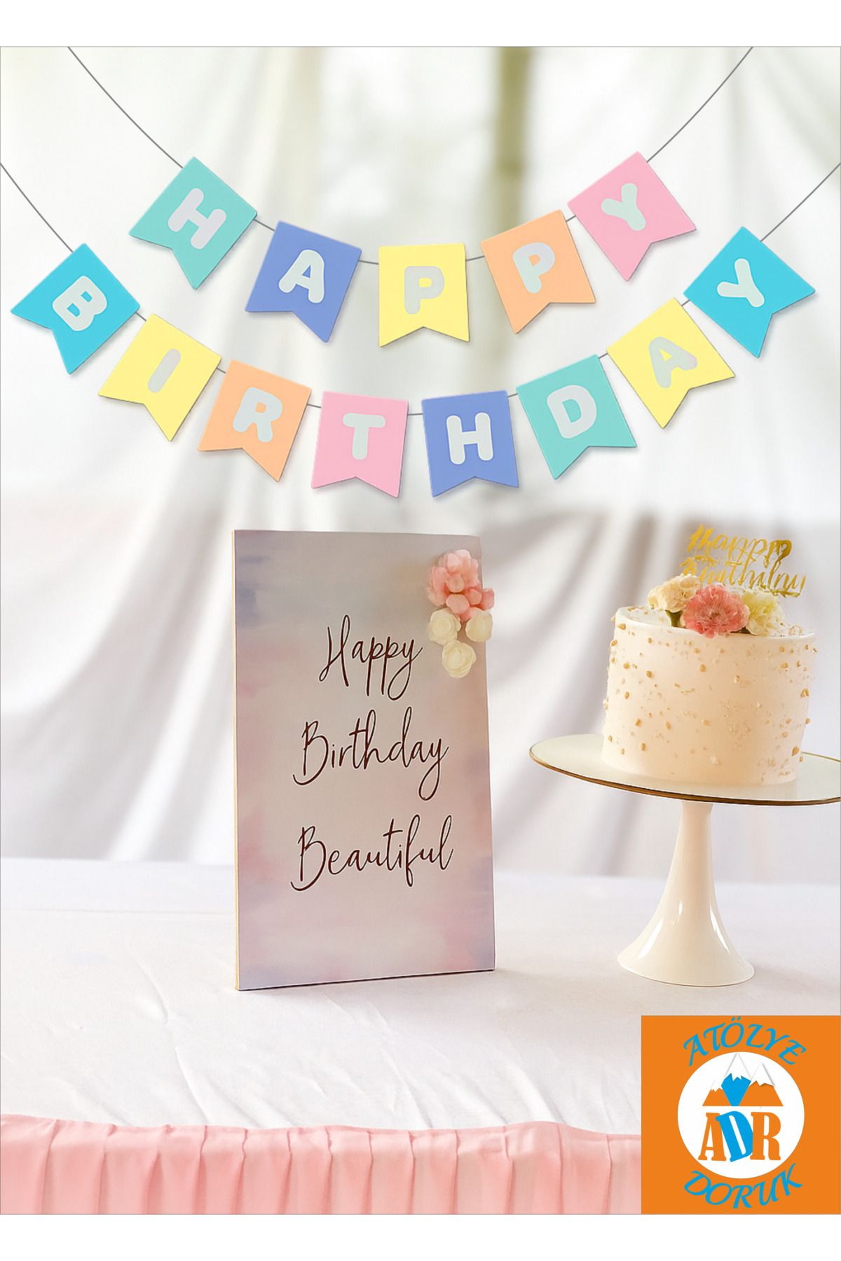 Atolye Doruk Pastel Makaron Renk Happy Birthday Yazısı-Gökkuşağı Banner Kız Çocuk Doğum Günü Parti Malzemesi