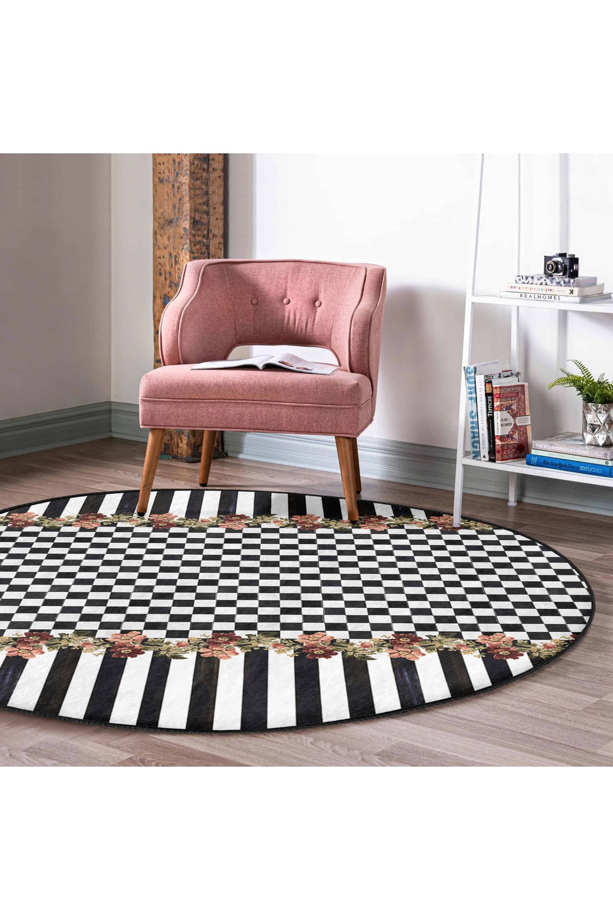 Realhomes Krem – Siyah Kare Desenli Yuvarlak Salon Halısı - Çiçekli & Stripe Motifli Kaymaz Taban Yıkanabilir