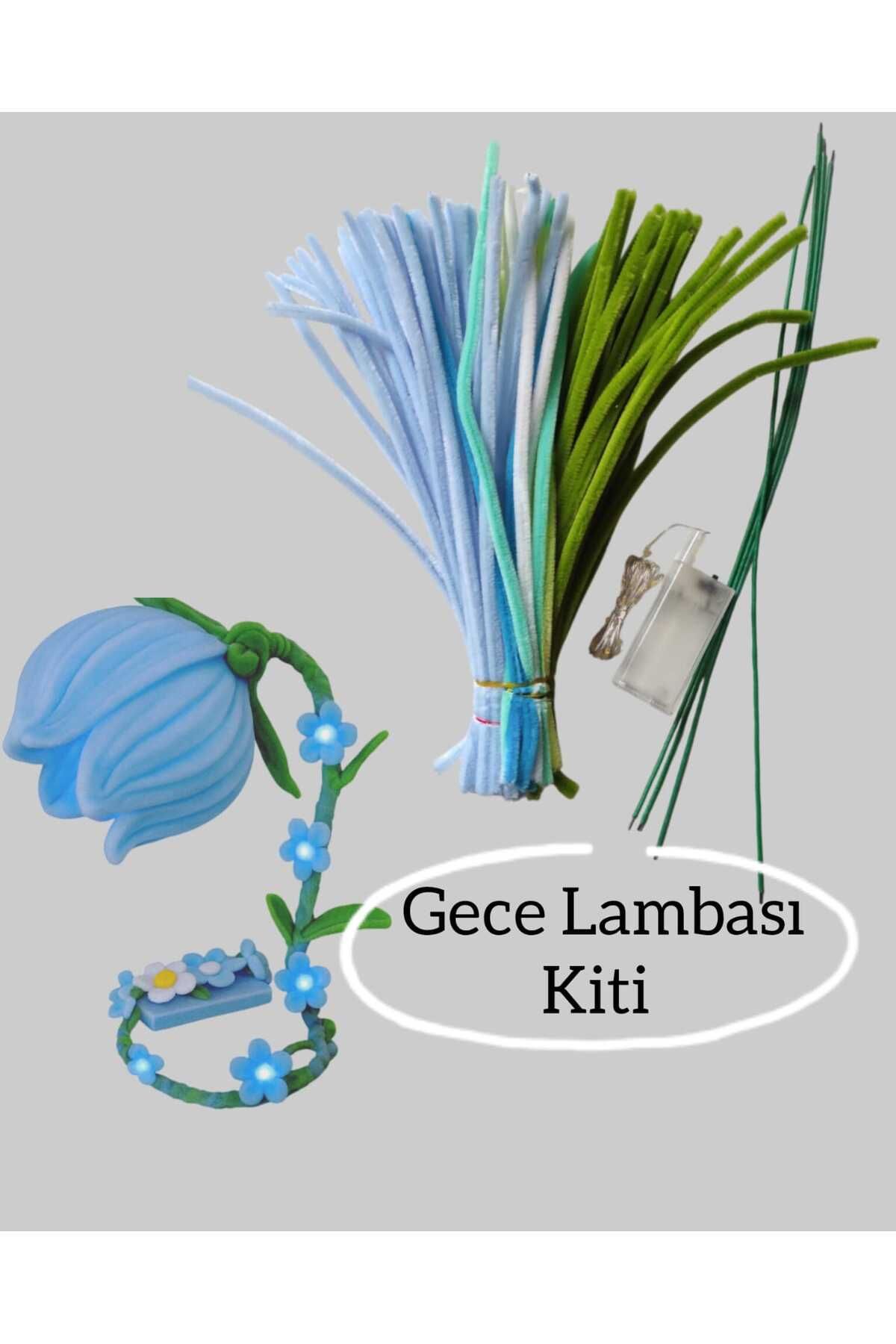Butik Heryer.ciceklenir "Çan Çiçeği Gece lambası Kit Seti,Renk Açık Mavi, Tel Şönilden Tüylü Şönil Seti