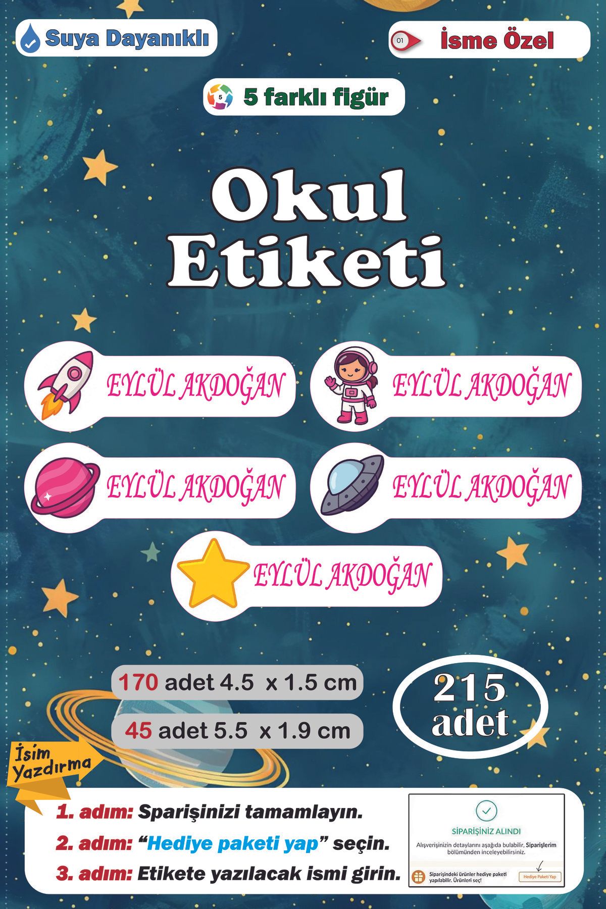 Ayza Tasarım Premium Kalite Kişiye İsme Özel İsimli Defter Kalem Okul Etiketi Anaokulu Kreş İsim Etiket Seti