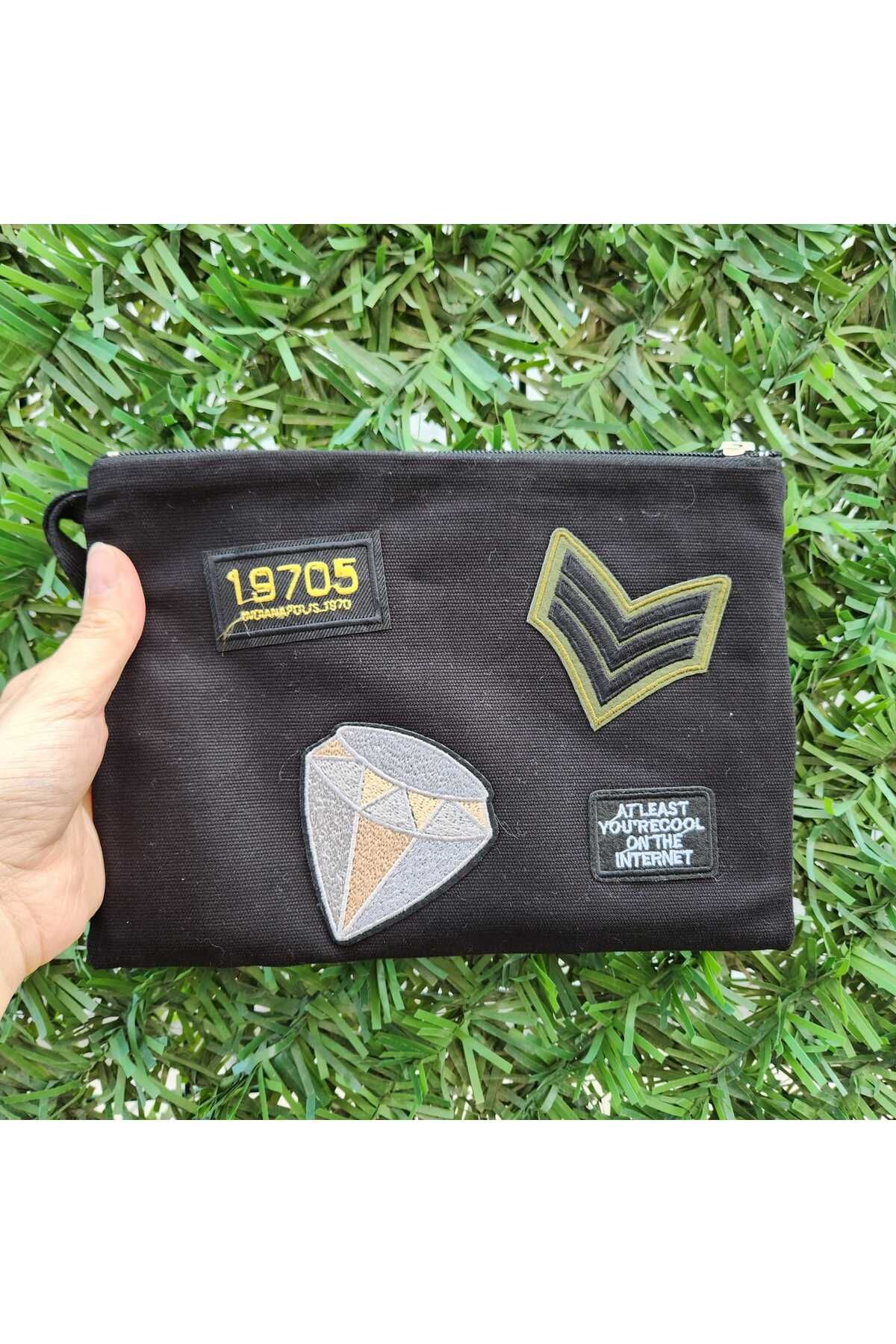 vengri Kadın Özel Tasarım Astarlı Clutch Bez Nakış ve Armalı Portföy El Makyaj Plaj Çantası Siyah Asker