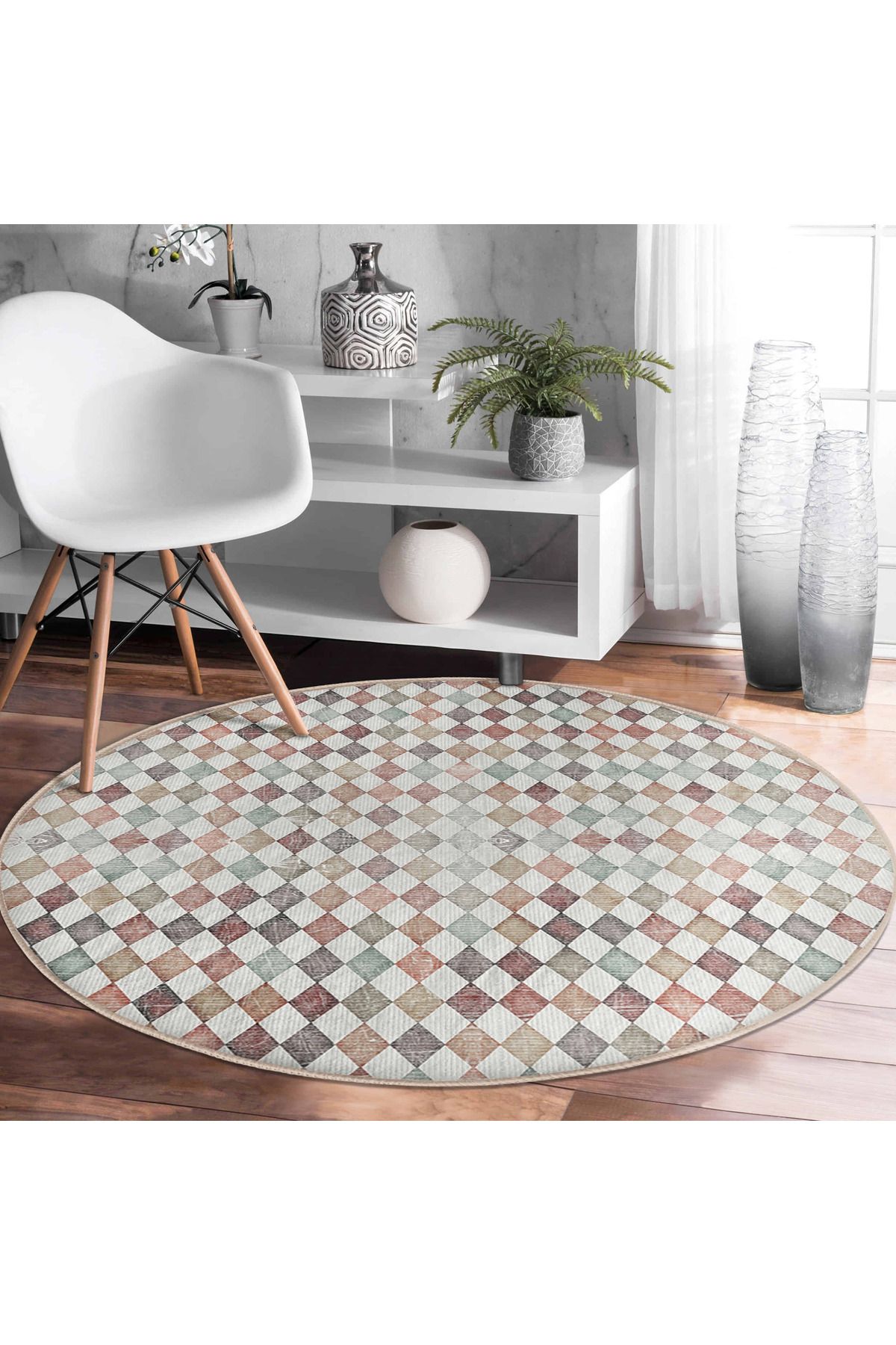 Realhomes Renkli Viskon Geometrik Desenli Yuvarlak Salon Halısı - Yıkanabilir Kaymaz Tabanlı 8mm Süngerli