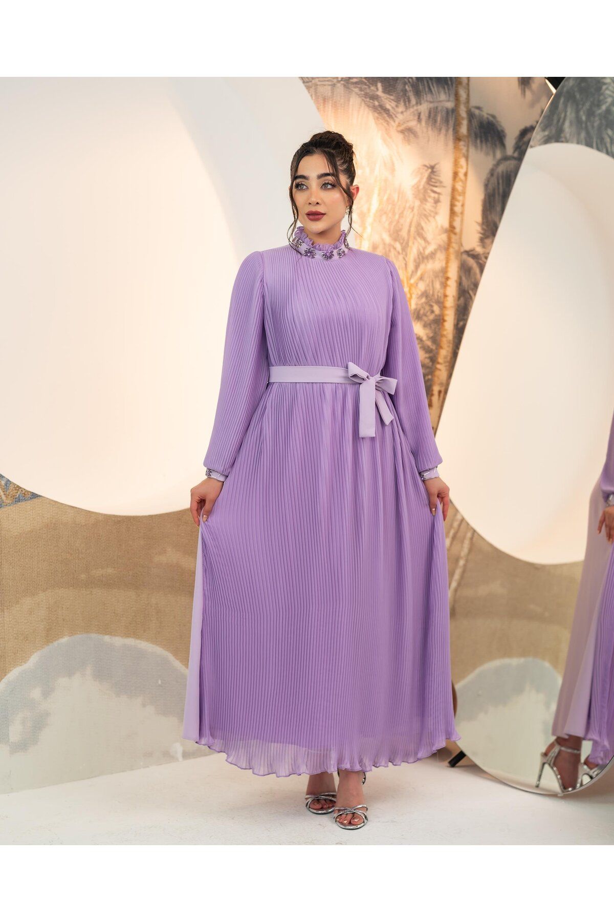 YAFA CLOTHING & ACCESSORIES Pliseli Şifon Elbise Lila