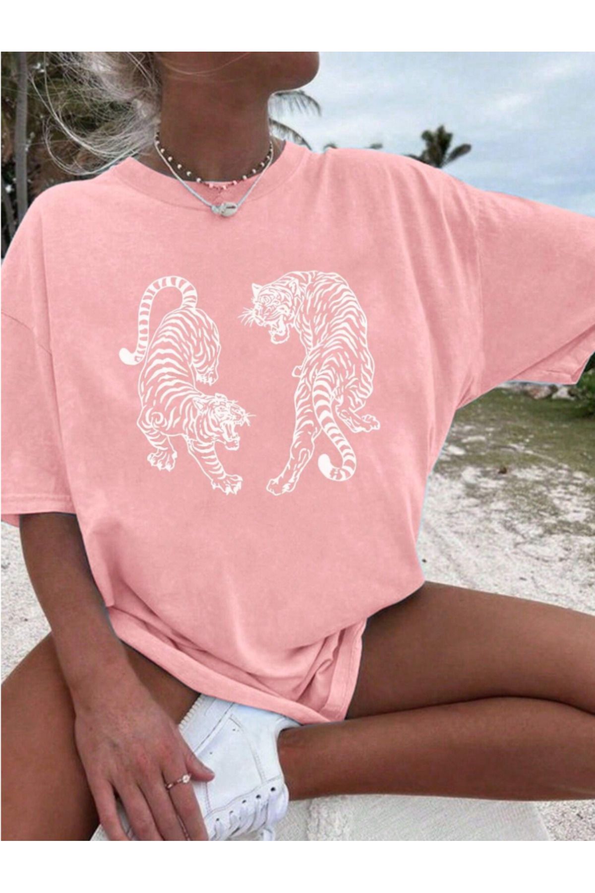 COHERENT Unisex Erkek/Kadın KAPLAN Özel Baskılı Oversize Pamuklu T-Shirt