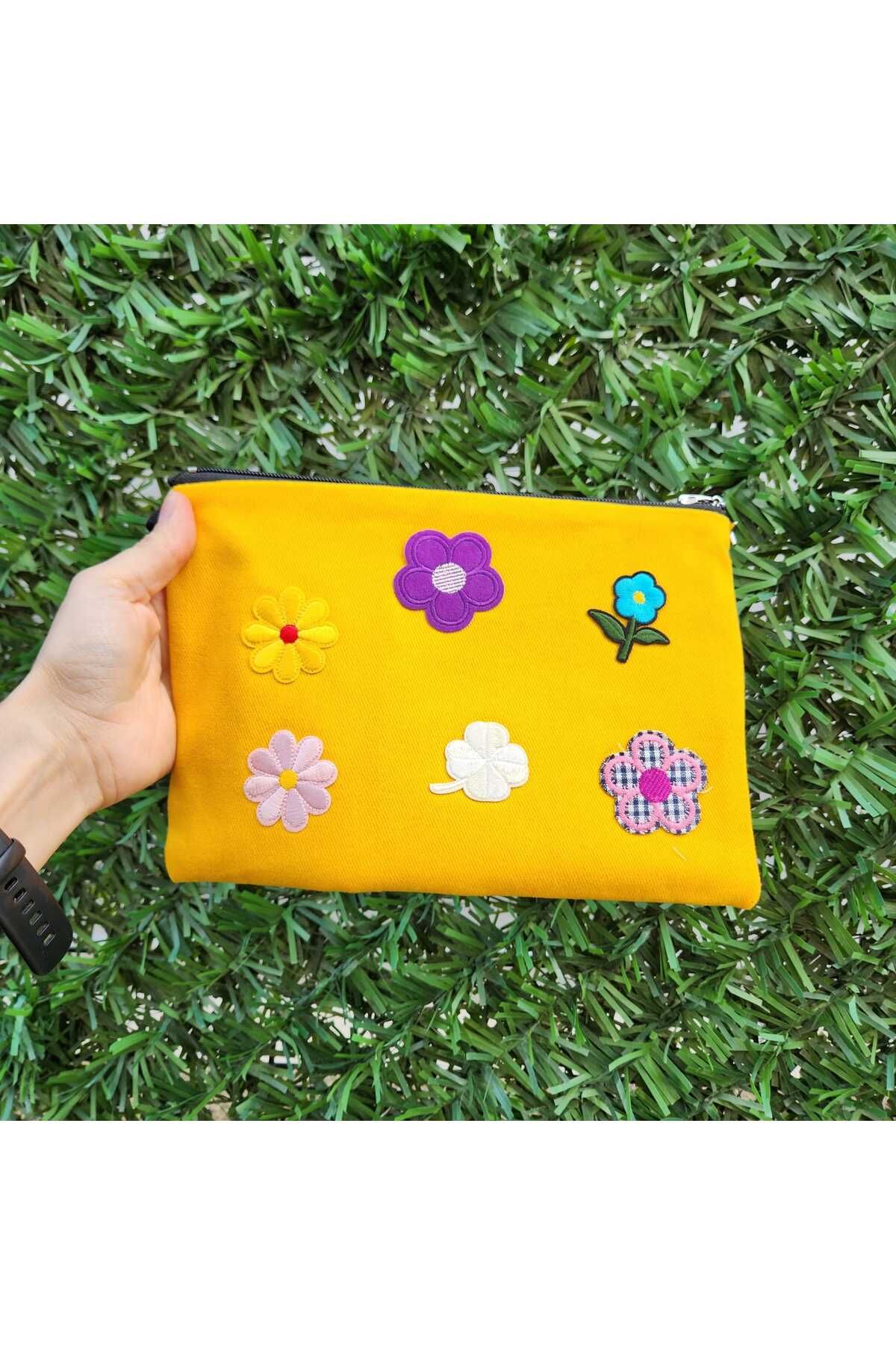 vengri Kadın Özel Tasarım Astarlı Clutch Bez Nakış ve Armalı Portföy El Makyaj Plaj Çantası Sarı Çiçek
