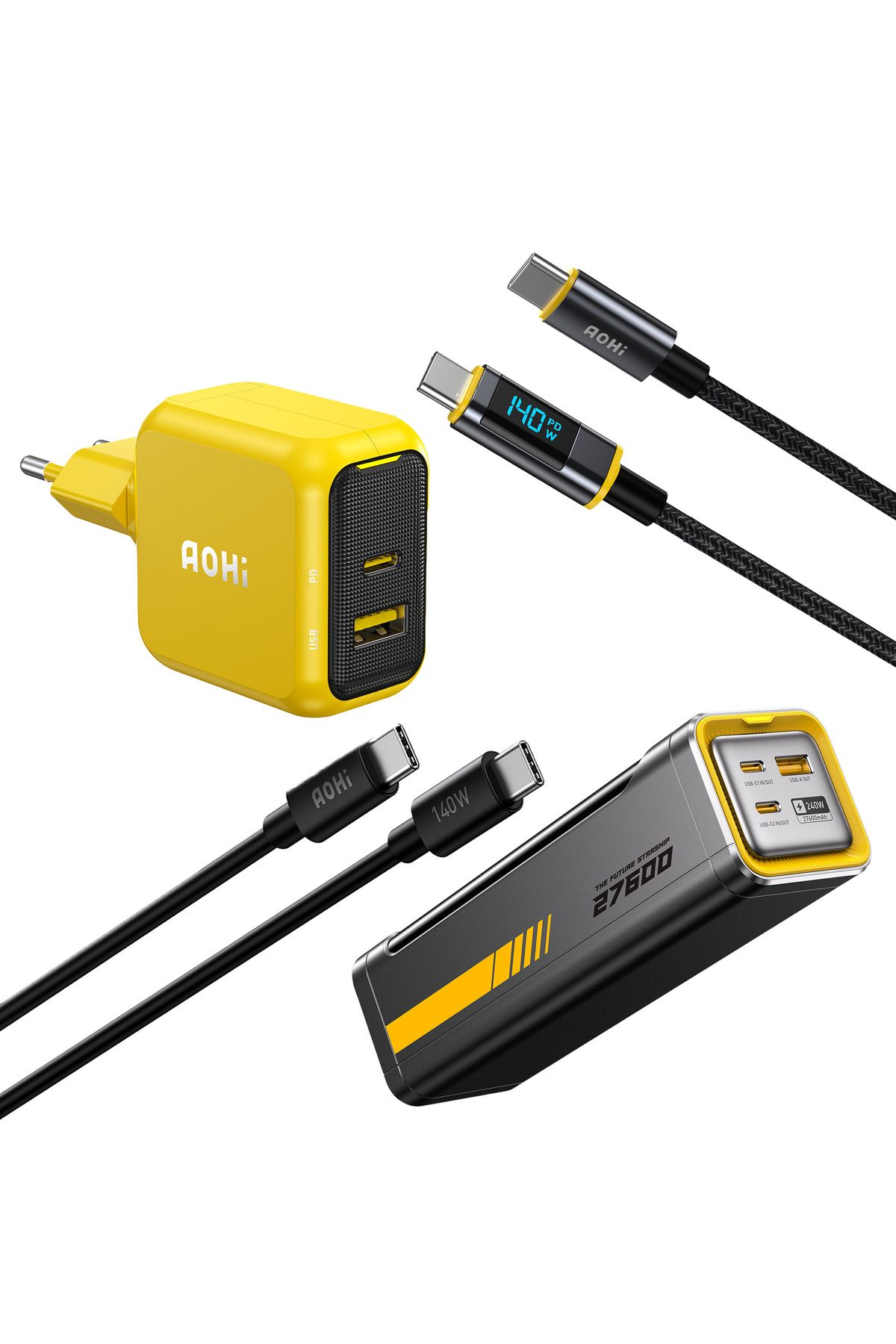Aohi Magcube 67W 2 Portlu Şarj Adaptörü, 27.600 mAh 240W PD3.1 Powerbank, 140W LED Ekranlı Naylon Ör