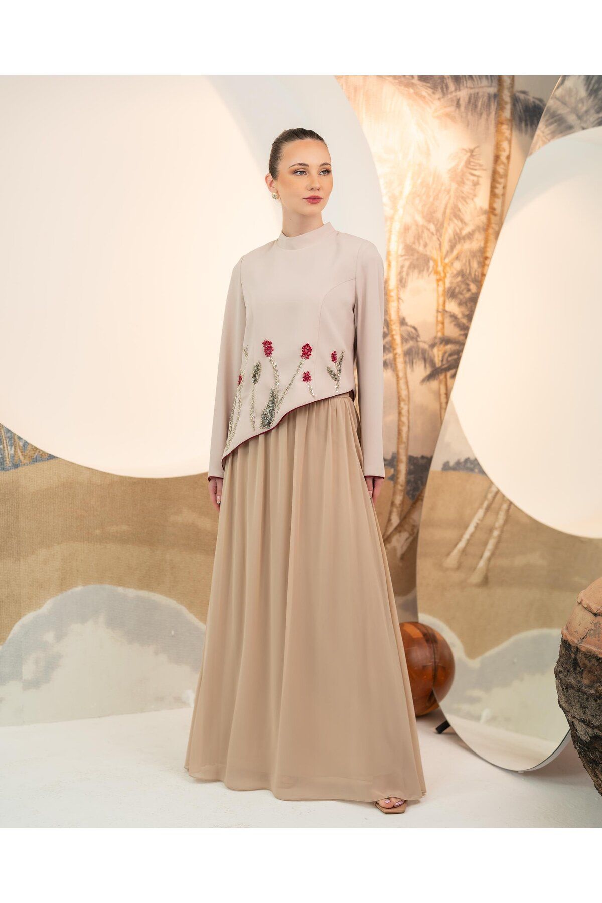 YAFA CLOTHING & ACCESSORIES Bluz Etek İkili Takım Bej