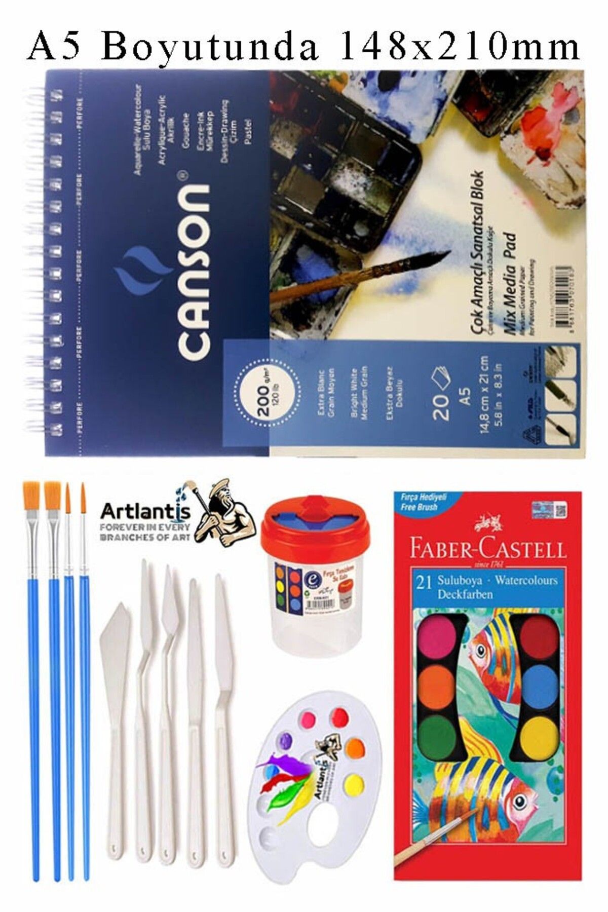 Artlantis Canson Çok Amaçlı Sanatsal Blok A5 200 gr 20 Yaprak 1 Adet 21 Renk Sulu Boya Fırça Palet Spatula Fır
