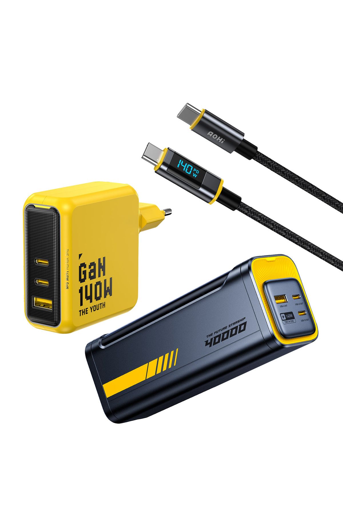 Aohi Youth 140W 3 Portlu Şarj Adaptörü, 40.000 mAh 140W PD3.1 Powerbank, 140W LED Ekranlı Naylon Örg