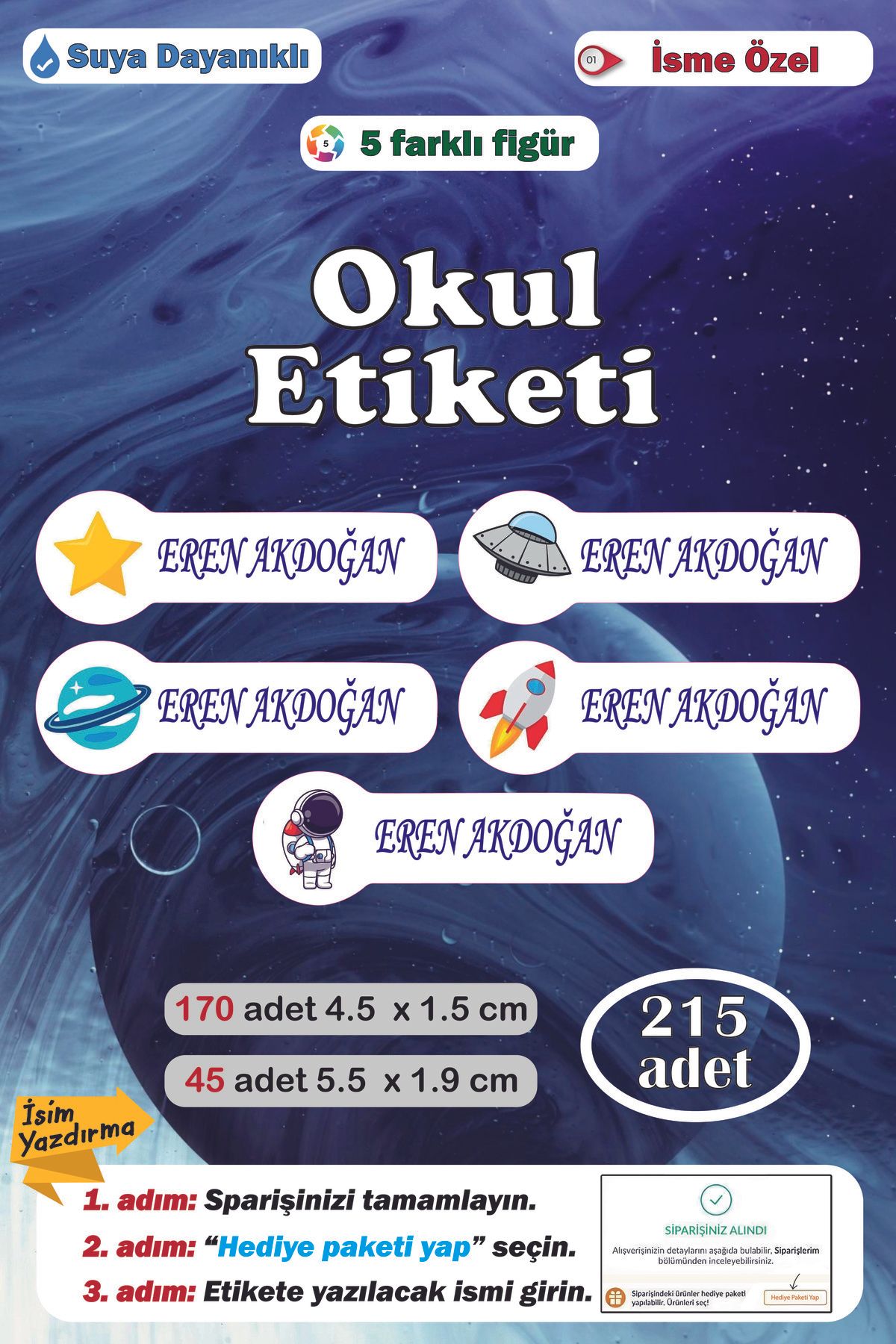 Ayza Tasarım Premium Kalite Kişiye İsme Özel İsimli Defter Kalem Okul Etiketi Anaokulu Kreş İsim Etiket Seti