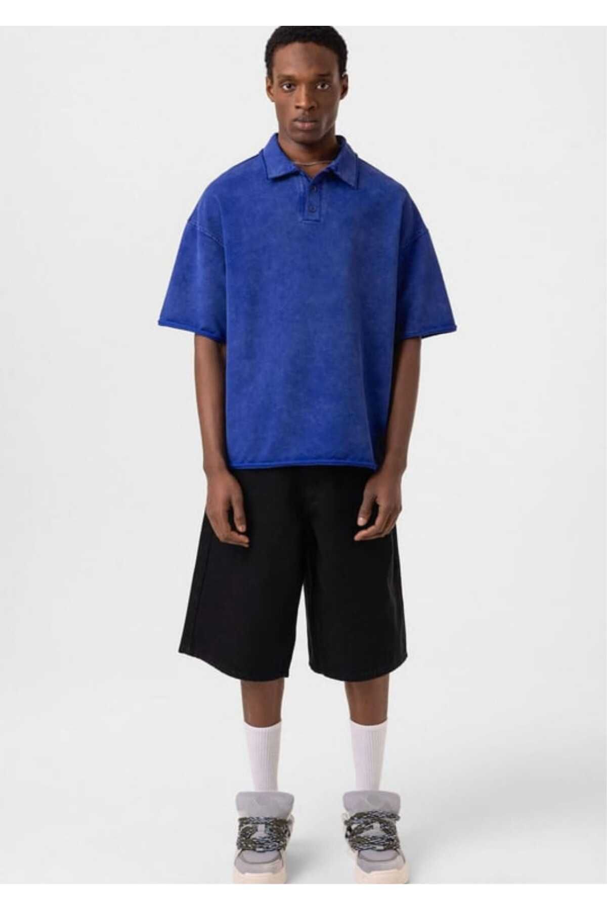 RODEZ Lacivert Polo Yaka Yıkamalı Oversize Tshirt