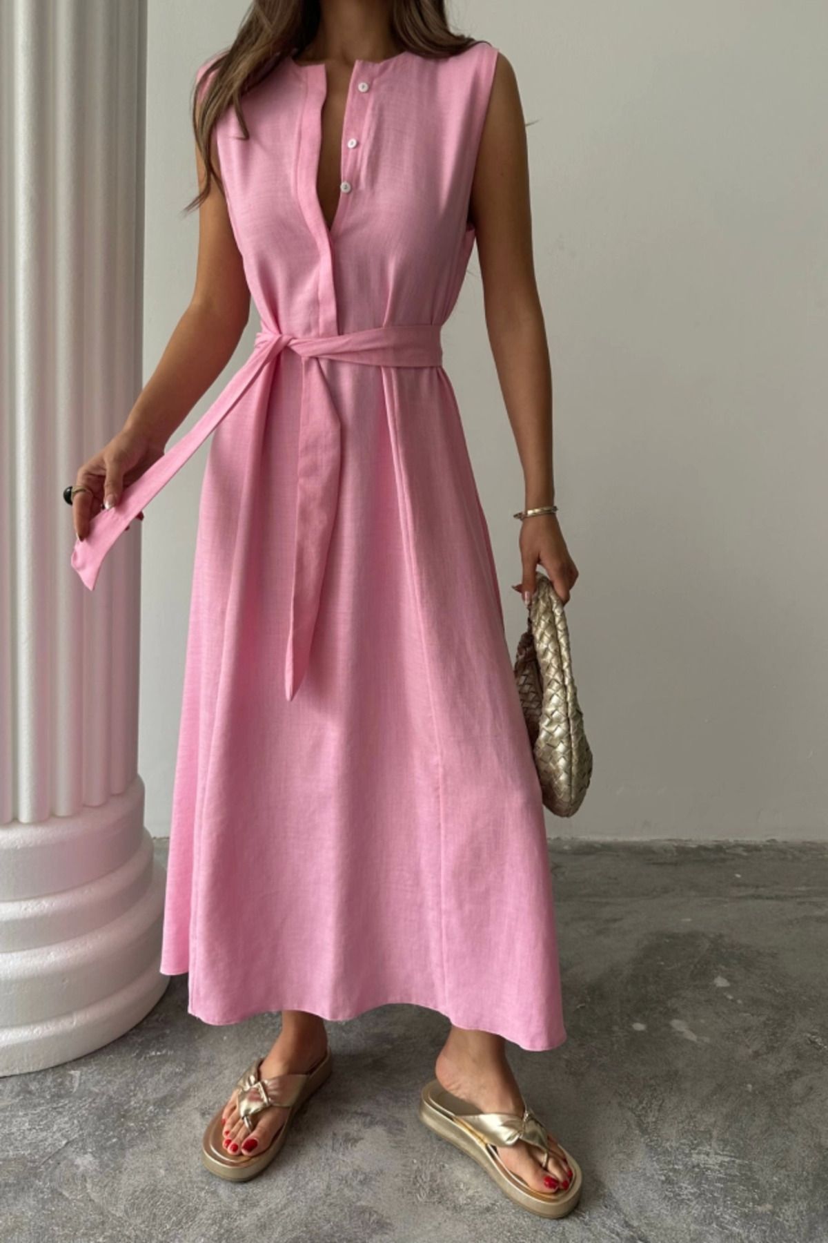 Omarı KETEN ELBİSE KOLSUZ BEL BAĞLAMALI MAXİ ELBİSE - Pembe
