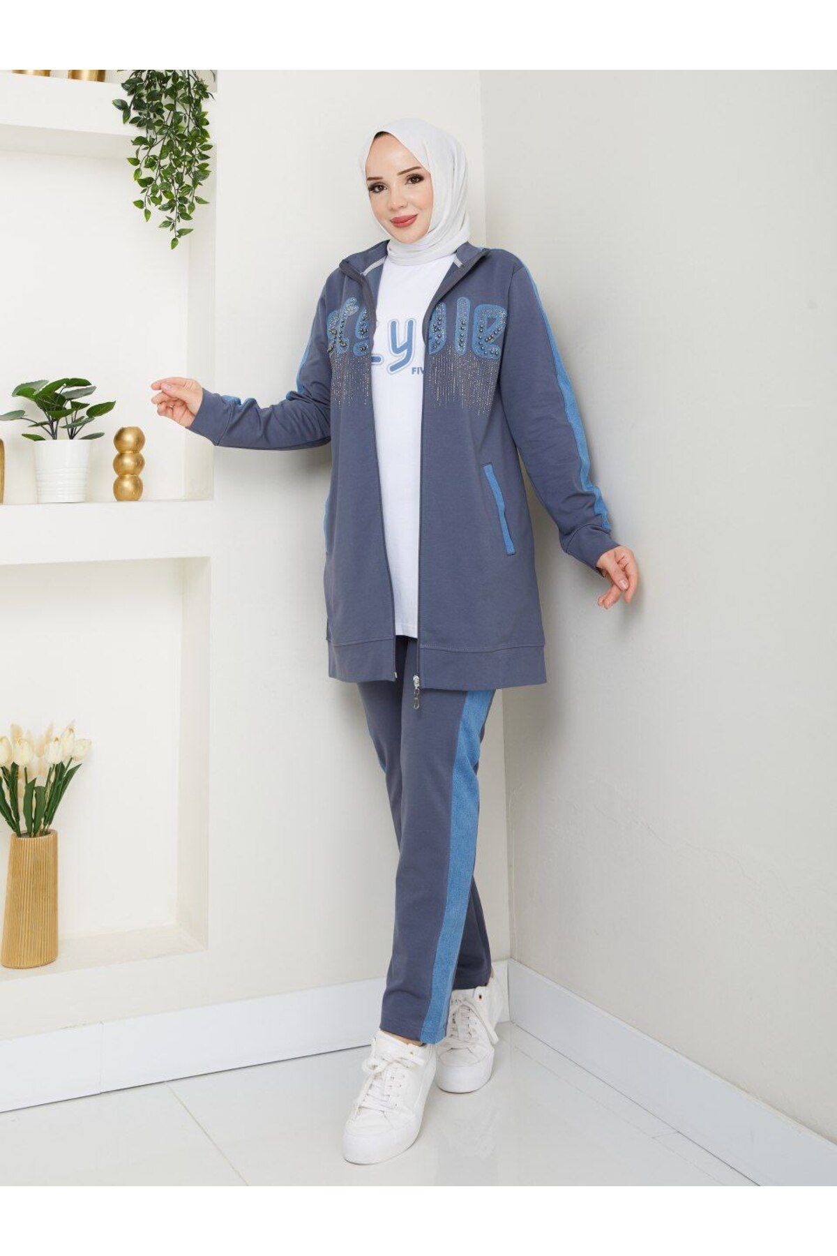 moda4b lü Spor Tesettür Takım - Pamuk ve Denim Detaylı Günlük Kombin'3 n-05442 _ gri