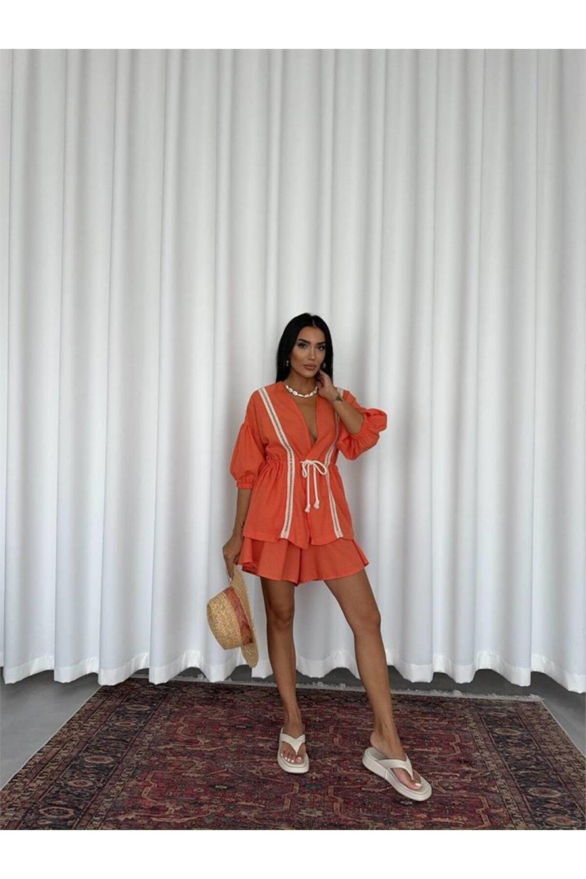 COjans KETEN BEL BÜZGÜLÜ BLUZ-PANTOLON TAKIM - Orange