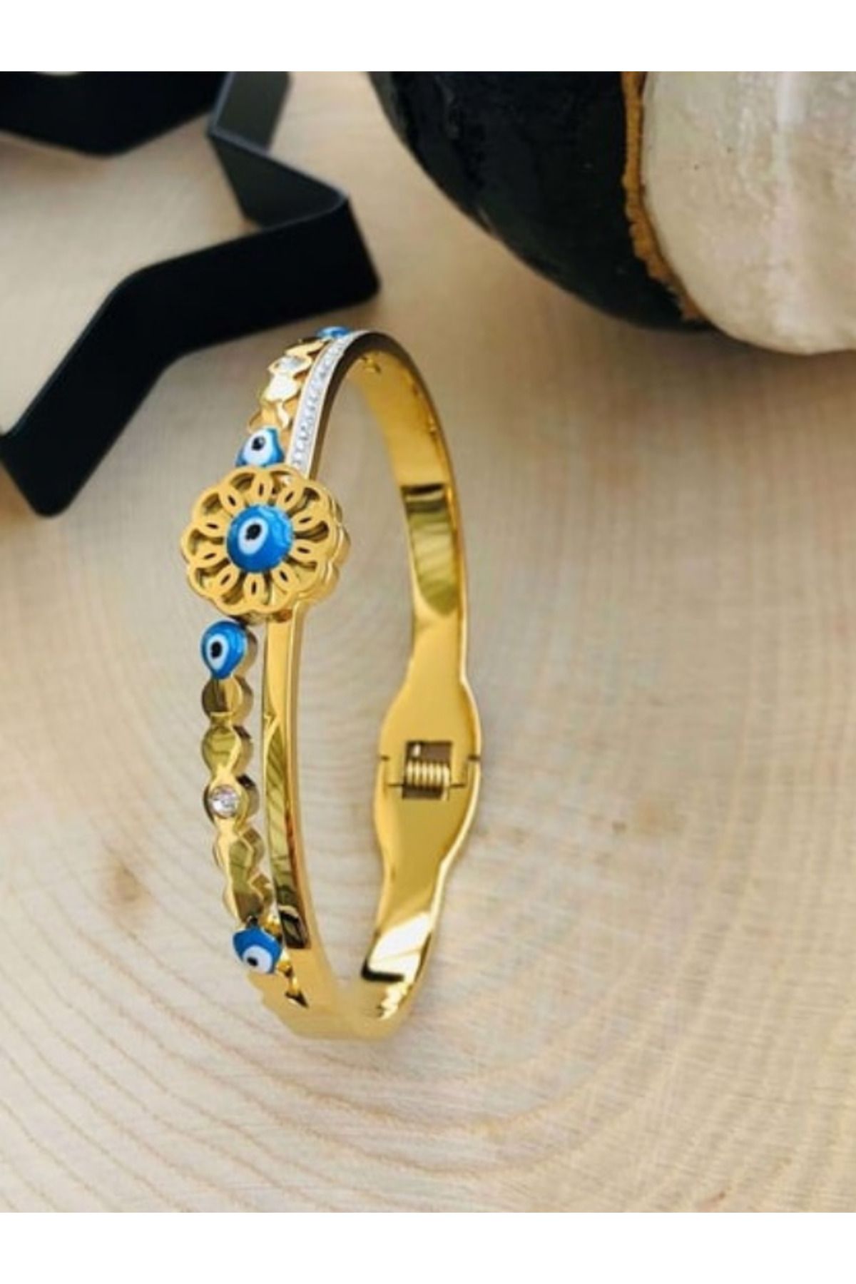 TAKISUN GOLD RENK NAZAR BONCUKLU TAŞLI ÇELİK KELEPÇE