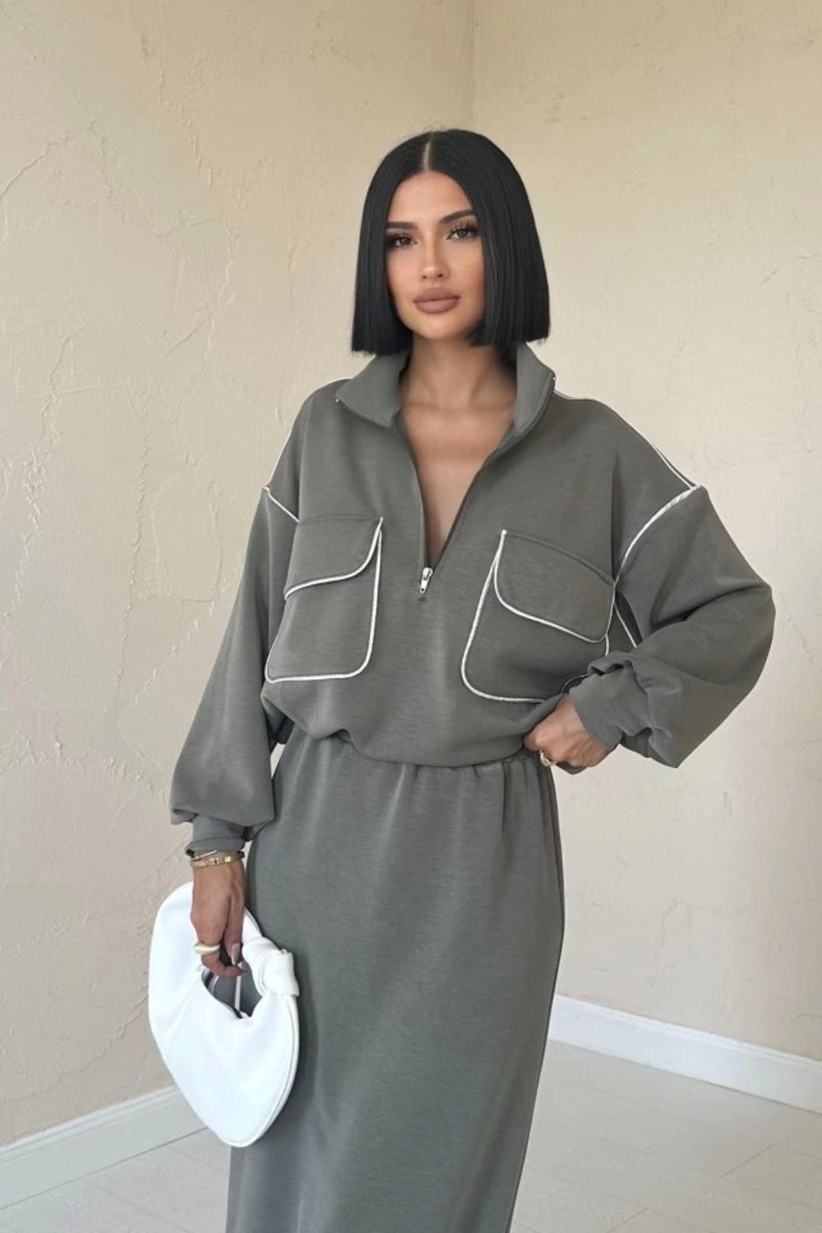 Omarı Haki Biyeli Sweatshirt Ve Etek Takım