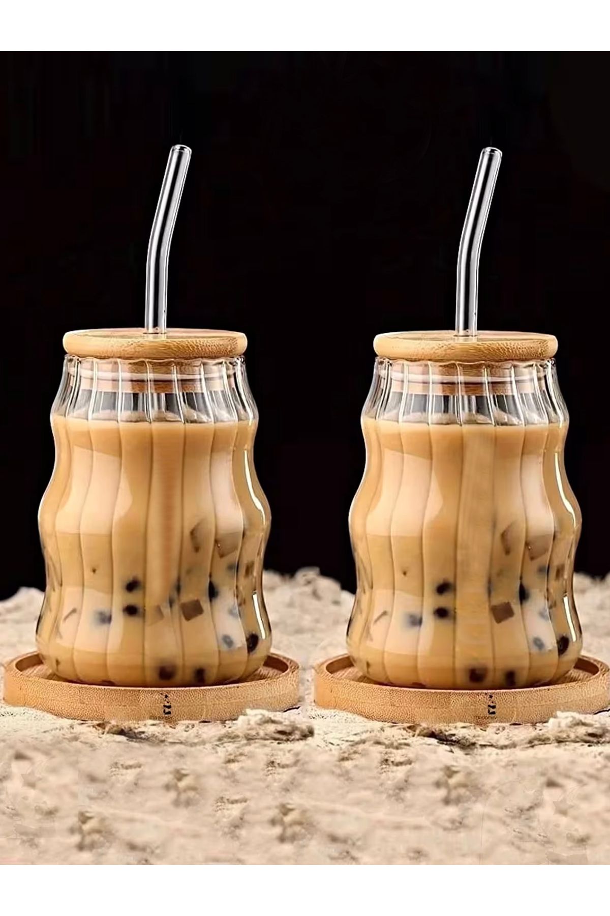 TT Home Ice Latte Bambu Kapaklı Isıya Dayanıklı Pipetli Cam Sunum Bardağı
