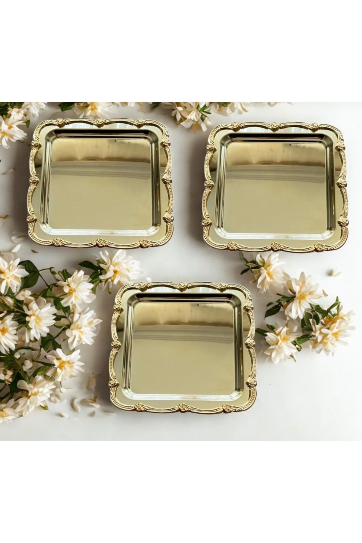 SEVA ÇELİK PASLANMAZ ÇELİK GOLD KARE 3 ADET DÖRT KENAR GÜLLÜ SUNUM TEPSİSİ
